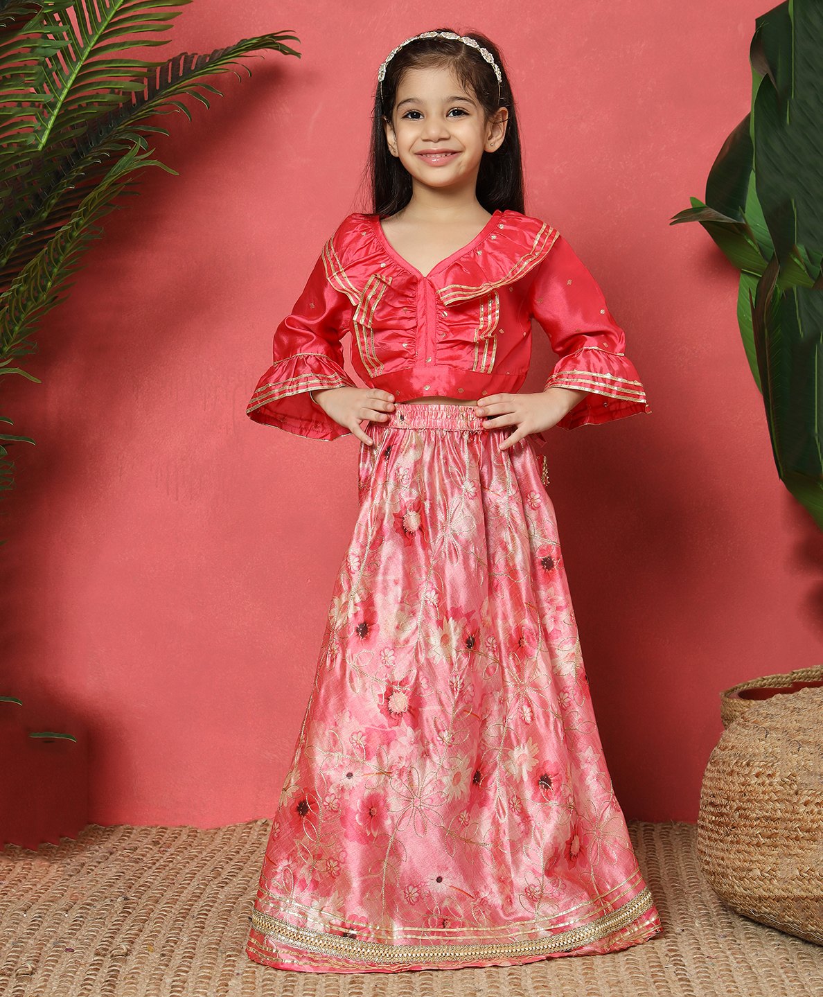 READIPRINT Three Fourth Sleeves Floral & Foil Printed Lace Embellished Lehenga & Choli Set - Pink-image-44