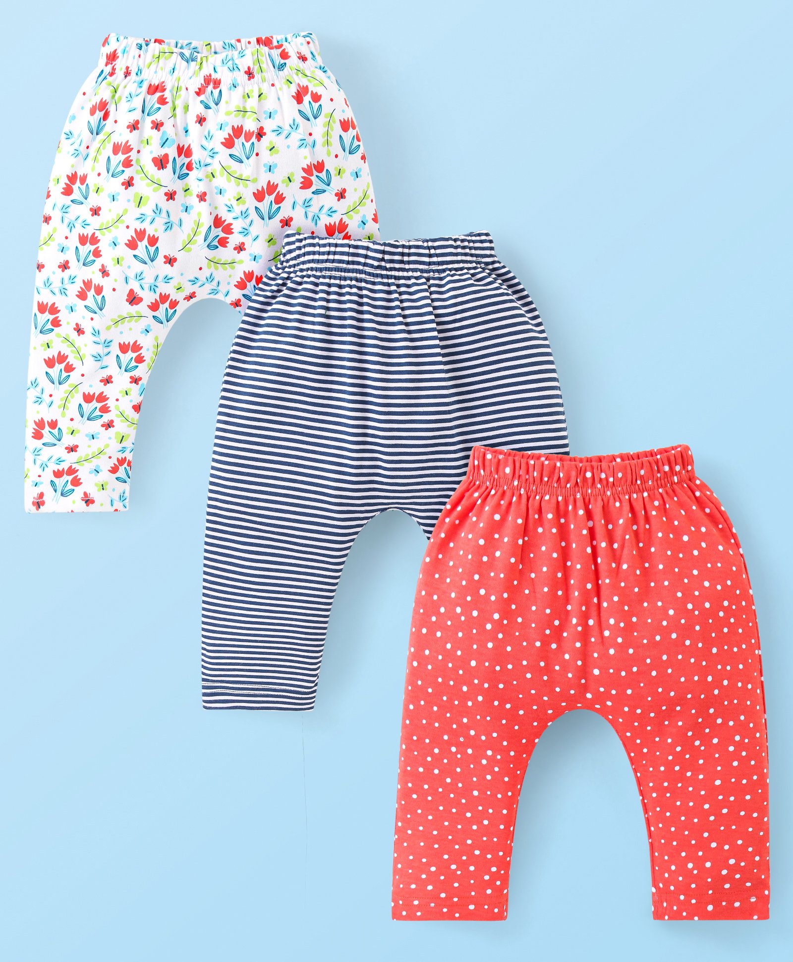 Babyhug Cotton Knit Full Length Diaper Leggings With Stripes Polka Dots & Floral Print Pack Of 3 - Navy Off White & Red
