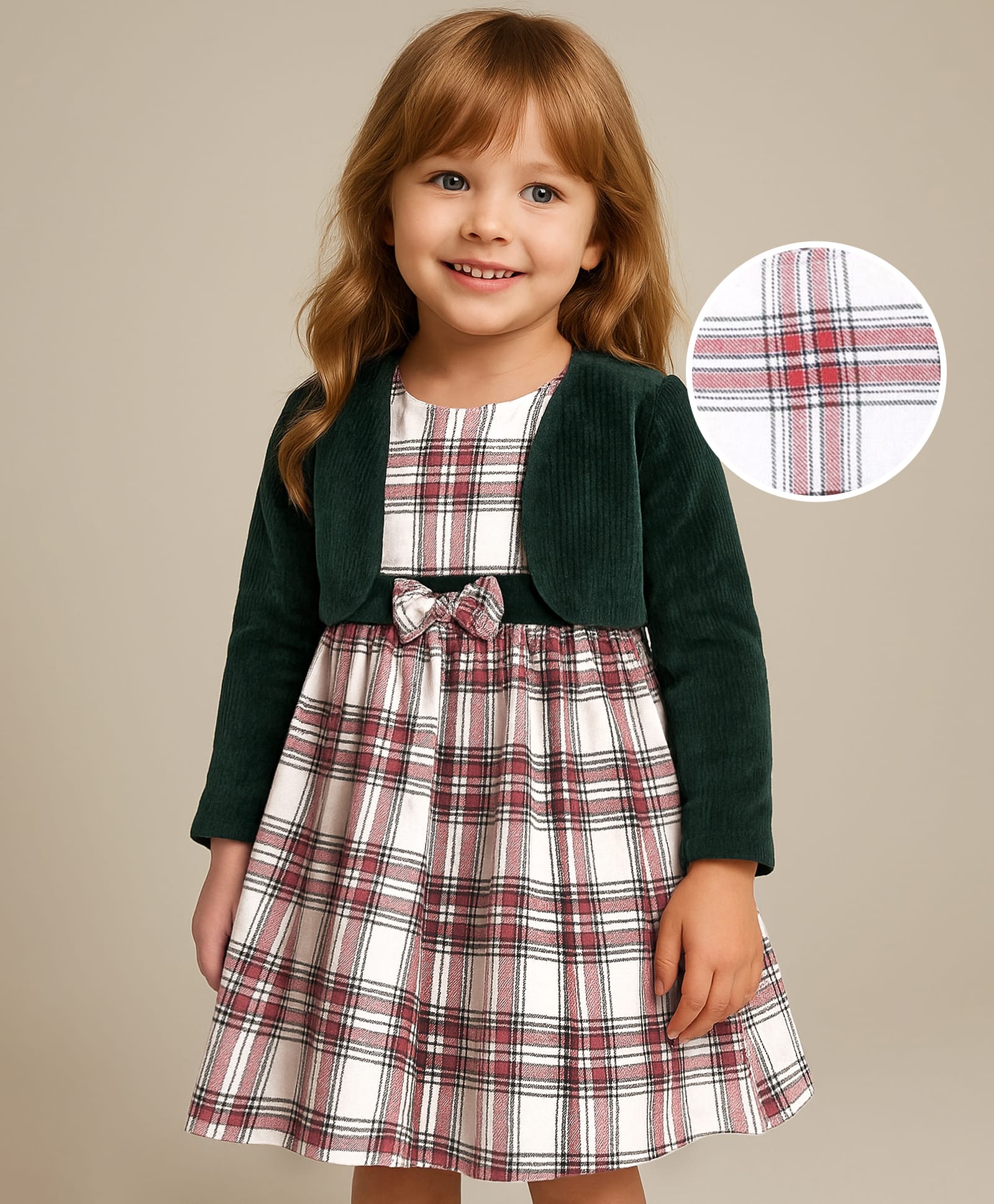 Babyhug Woven Full Sleeves Jacket & Checkered Frock with Bow Applique - White Red & Black-picture-22