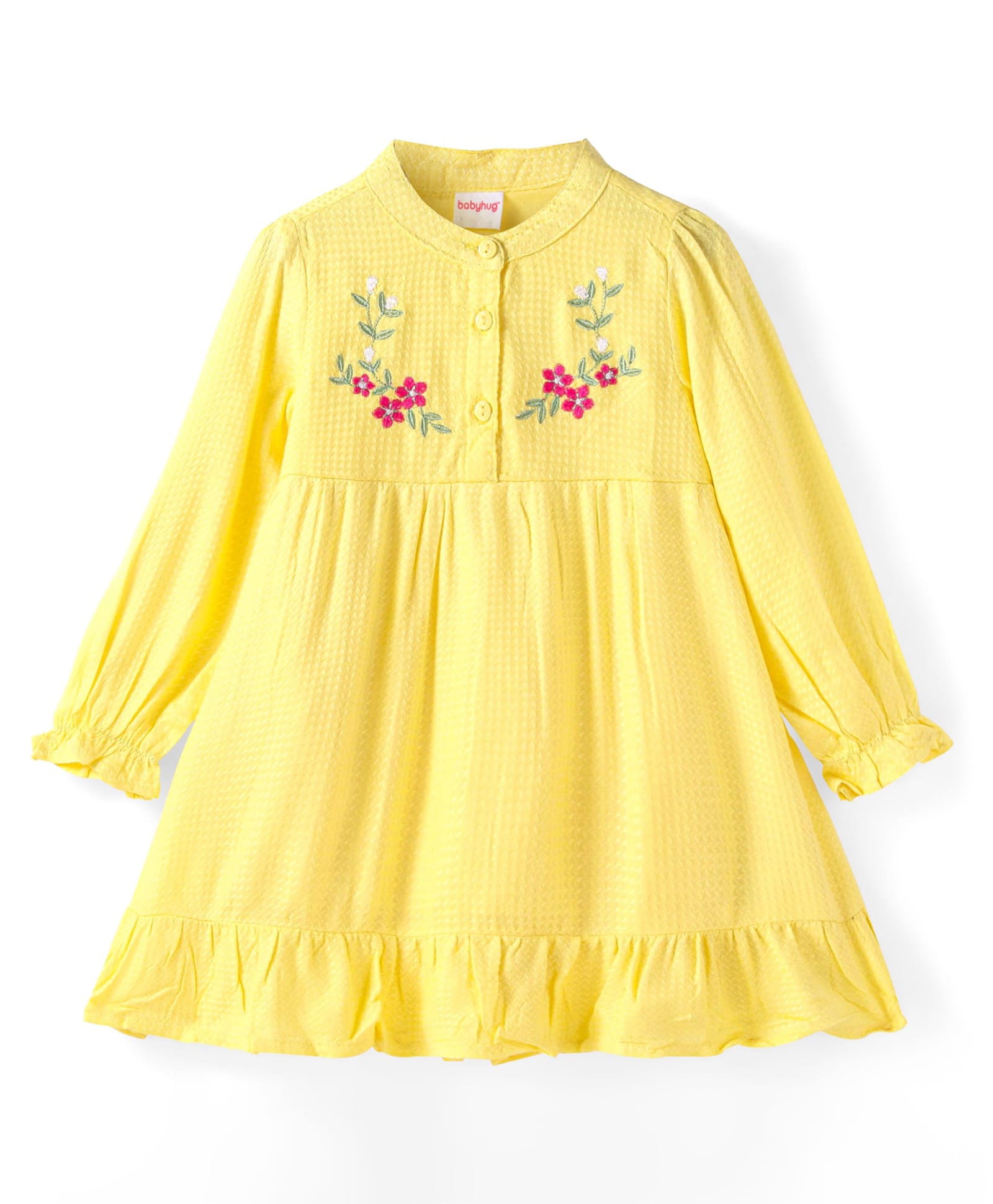 Babyhug Viscose Woven Full Sleeves Mandarin Collared Frock with Floral Embroidery & Frill Detailing- Yellow