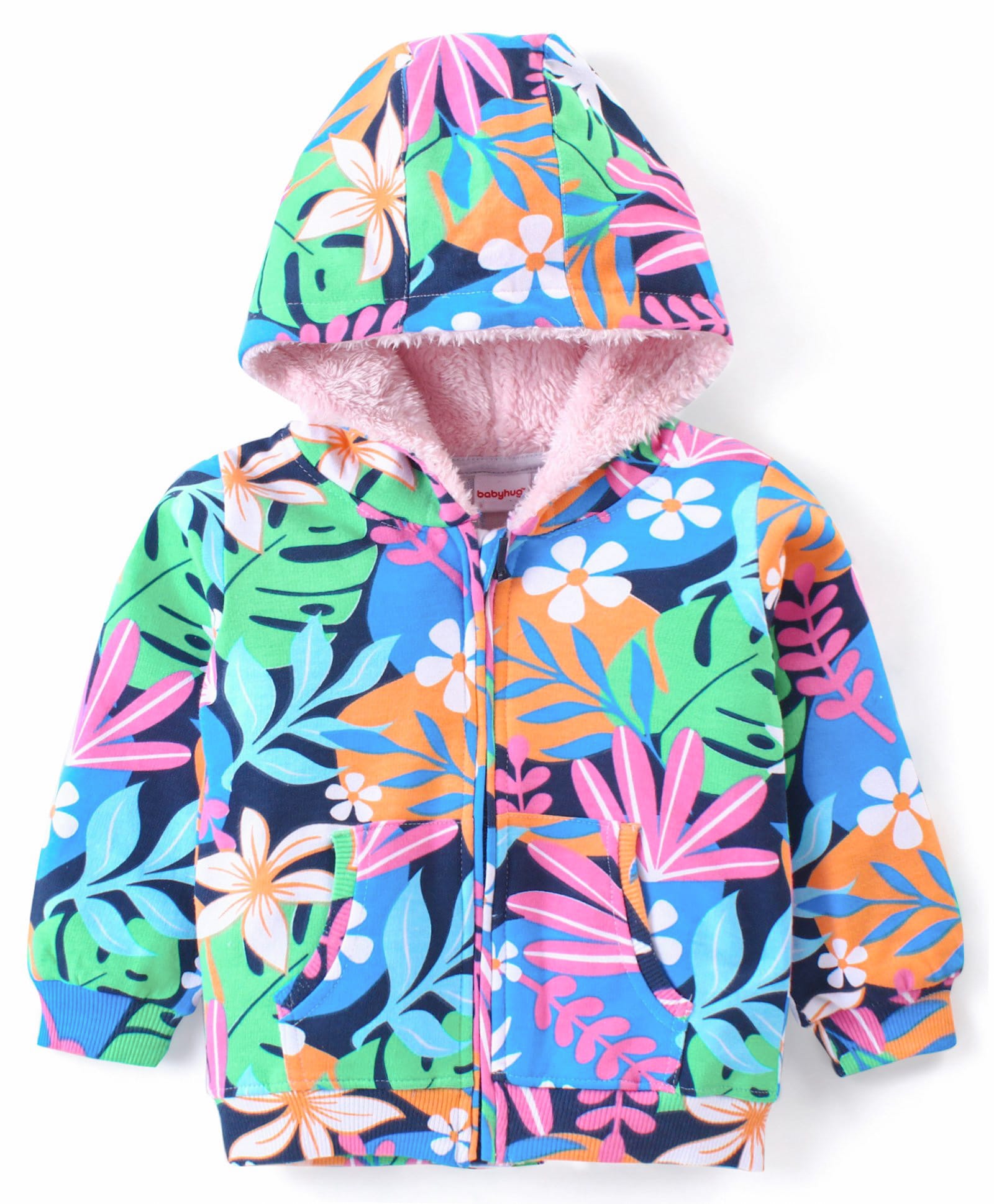 Babyhug Cotton Knit Full Sleeves Front Open Hooded Sweatjacket with Floral Print & Kangaroo Pockets - Navy Blue-image-37
