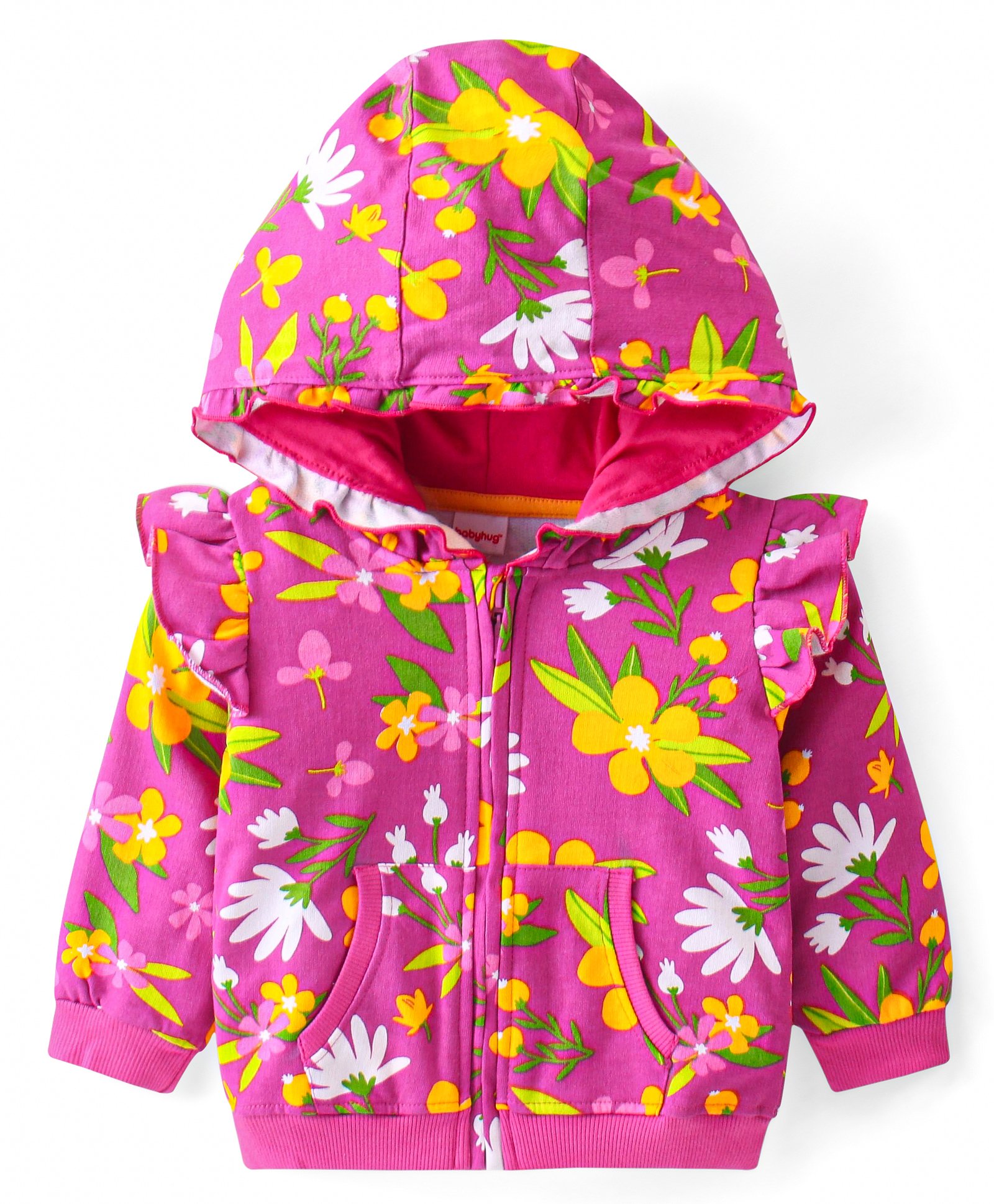 Babyhug Cotton Knit Full Sleeves Hooded Sweatjacket with Floral Print & Frill Detailing - Fuchsia-picture-20