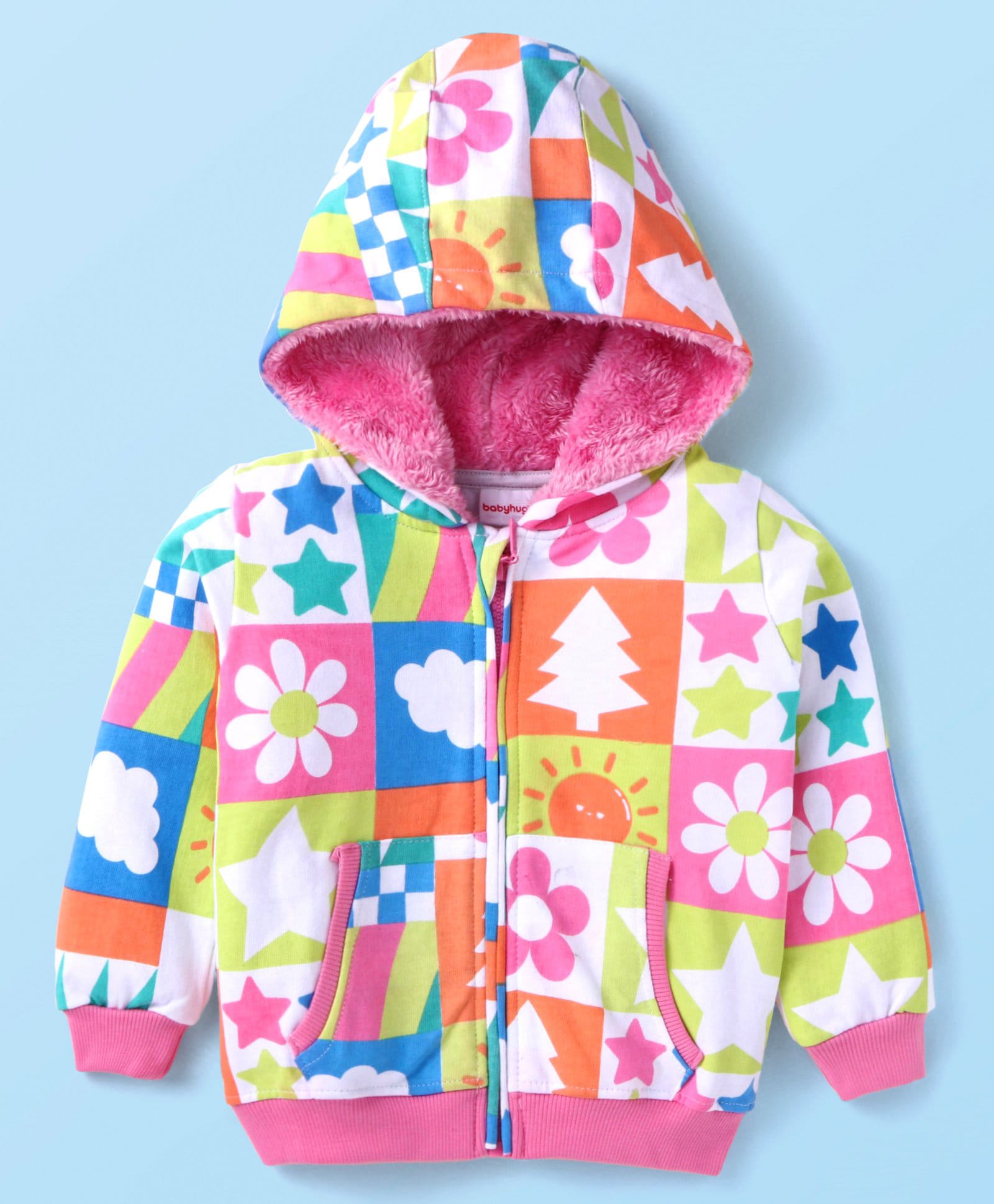 Babyhug Cotton Knit Full Sleeves Hooded Front OpenSweatjacket withFloral Print - Pink White & Orange