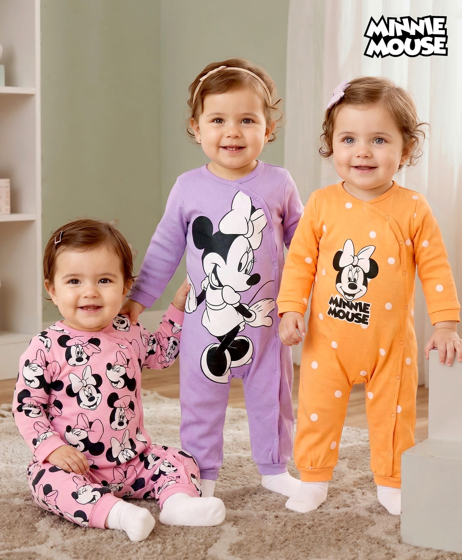 Babyhug Disney Interlock Knit Full Sleeves Front Open Minnie Mouse Printed Rompers Pack of 3 - Lilac Yellow & Pink-image-49