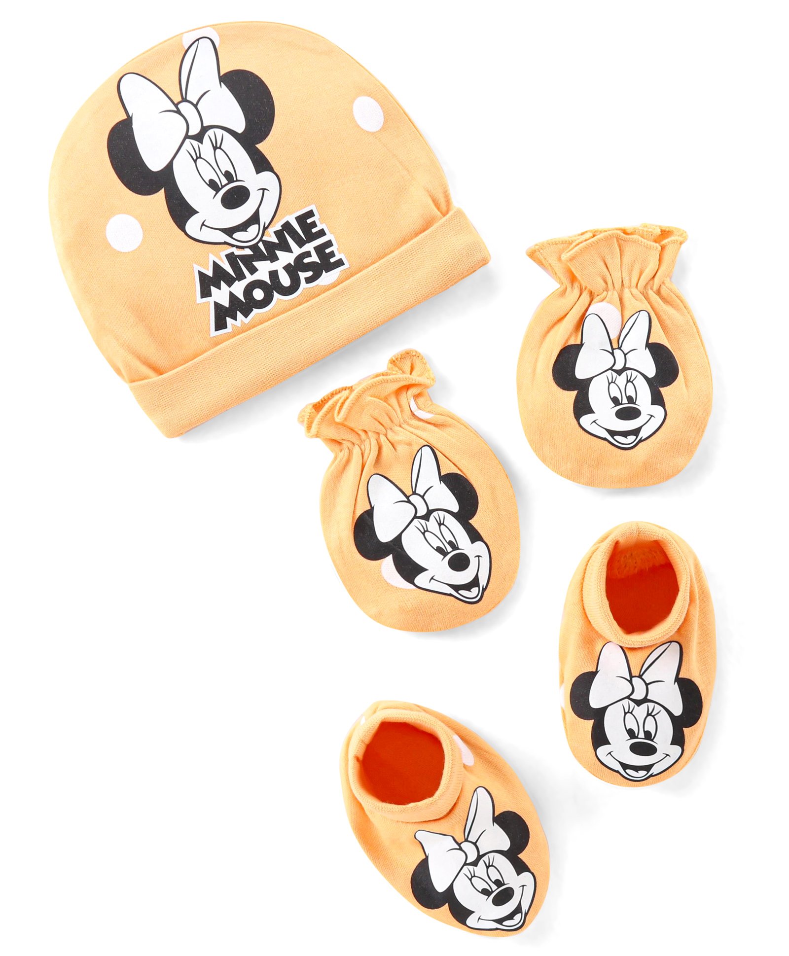 Babyhug Disney Interlock Knit Cap Mittens & Booties Set with Star & Minnie Mouse Print - Light Peach-picture-14