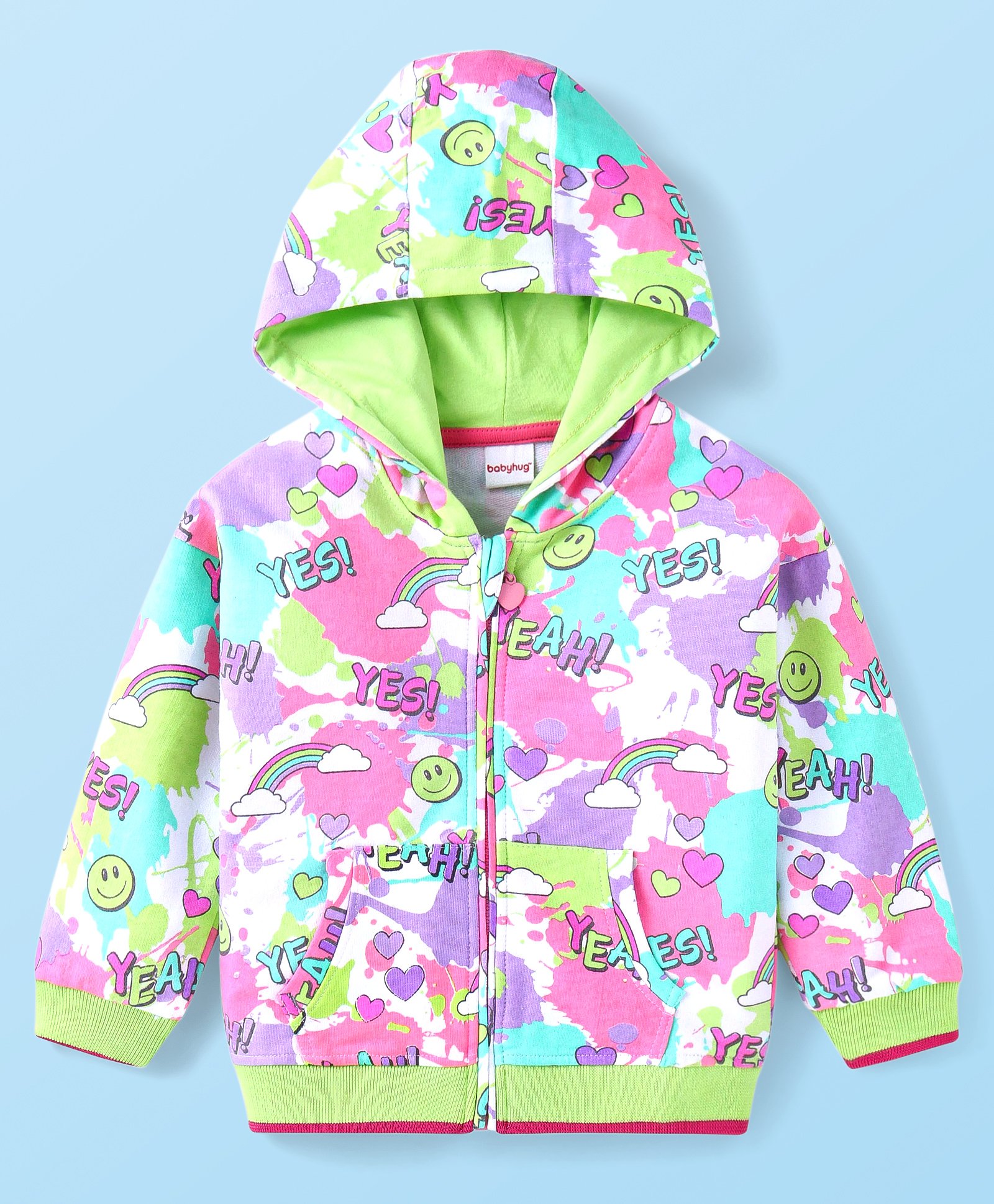 Babyhug Cotton Knit Full Sleeves Hooded Sweatjacket with Text & Rainbow Theme Print - Blue Pink & Green-image-32