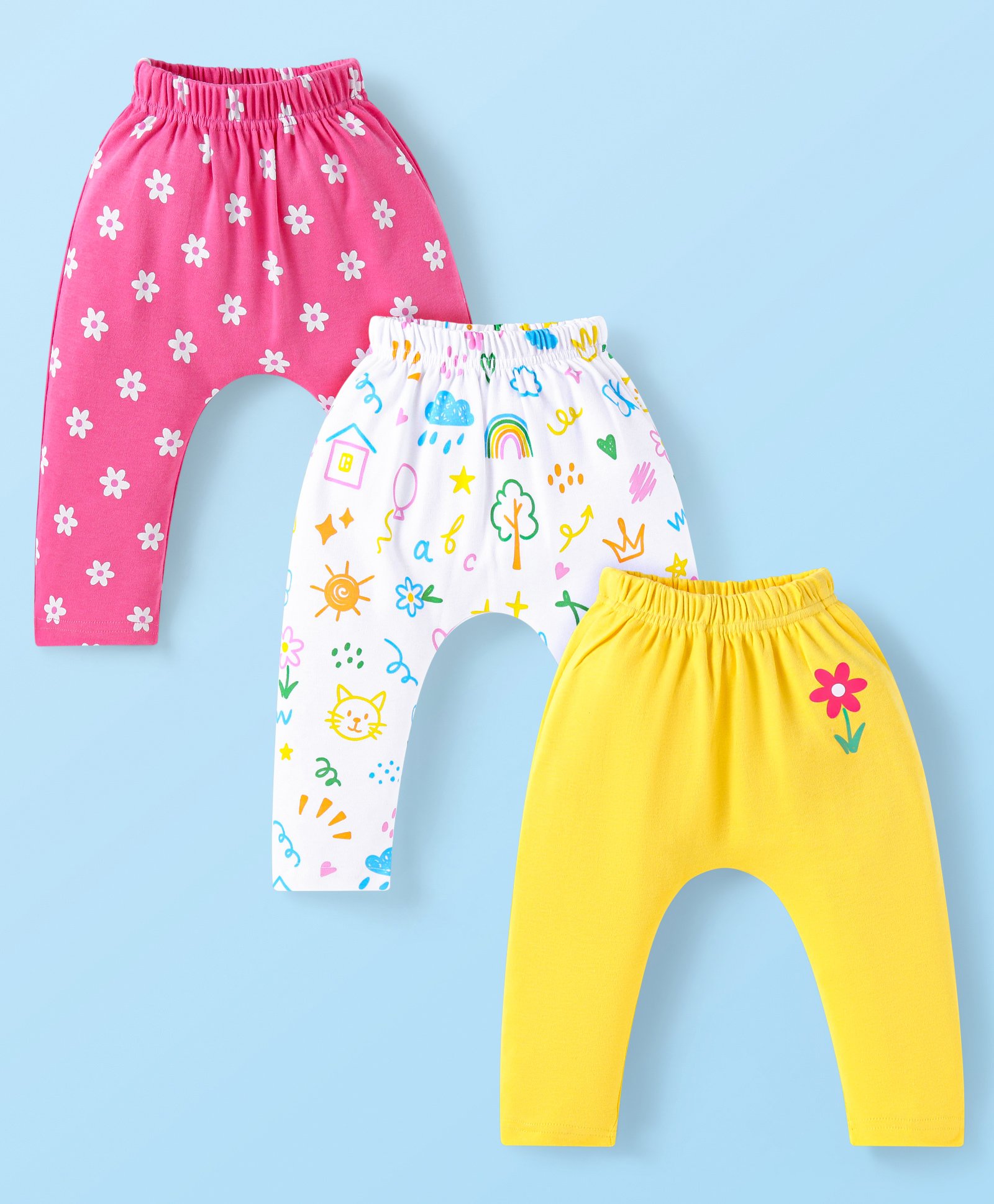 Babyhug Interlock Knit Full Length Diaper Leggings Floral Print Pack of 3 - Pink Yellow & White-picture-19