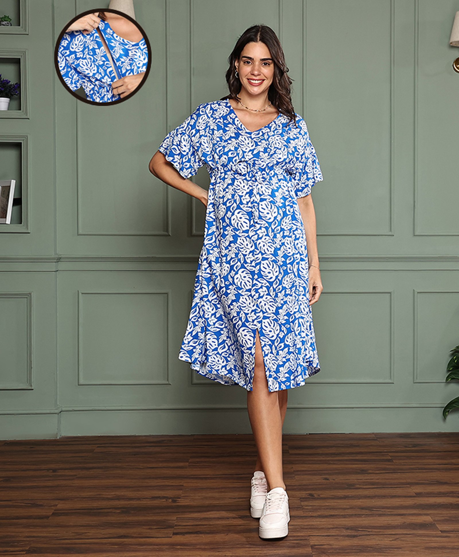 MomToBe Half Sleeves Leaf Printed Maternity Dress With Concealed Zipper Nursing Access- Blue Colour-image-38