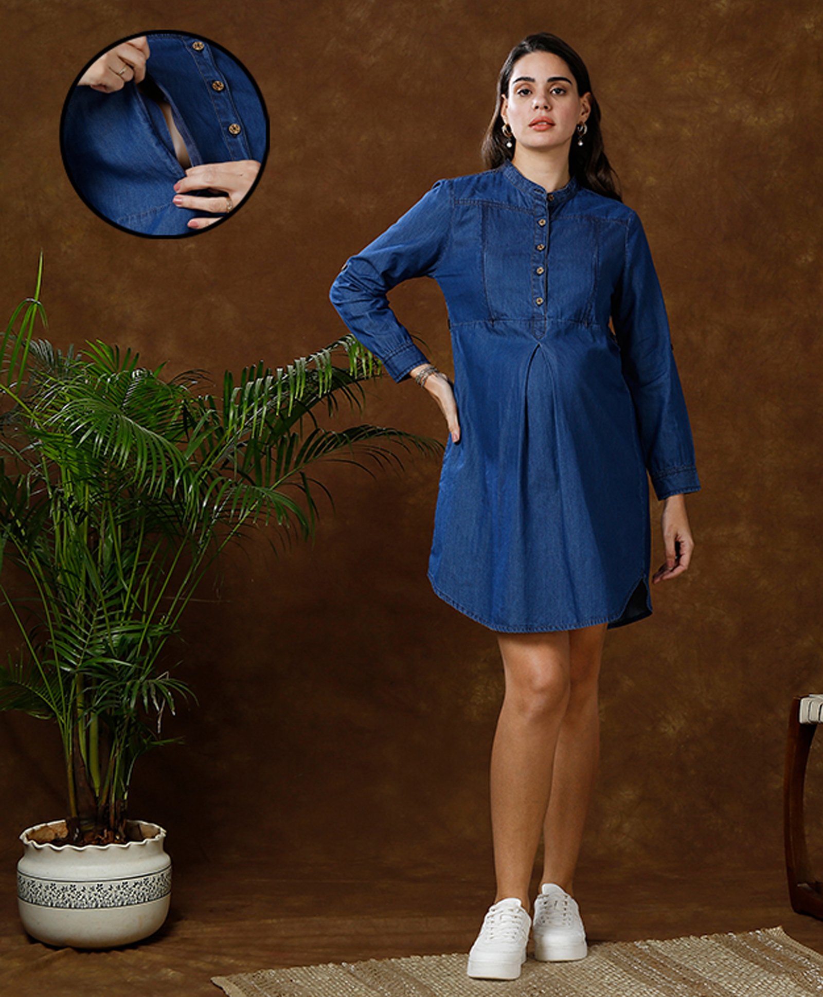 MomToBe Cotton Full Sleeves Mild Washed Maternity Dress With Nursing Access - Dark Blue-picture-3