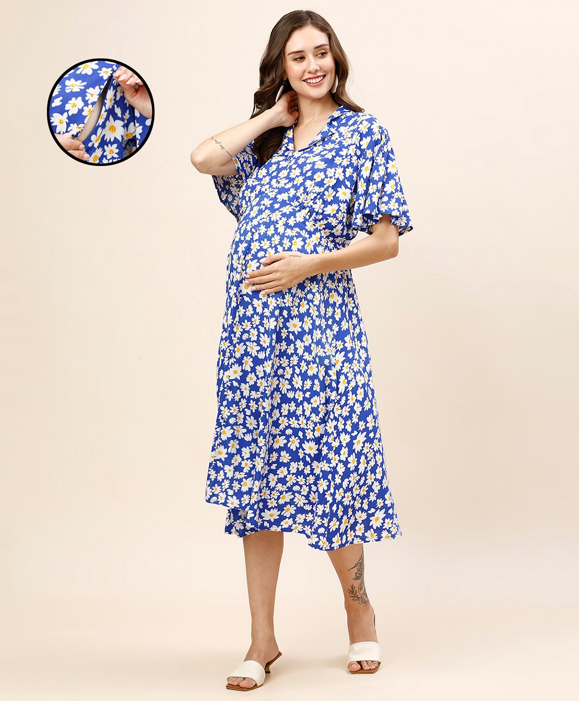MomToBe Rayon Half Bell Sleeves Floral Printed Maternity Dress With Nursing Access - Blue-picture-23