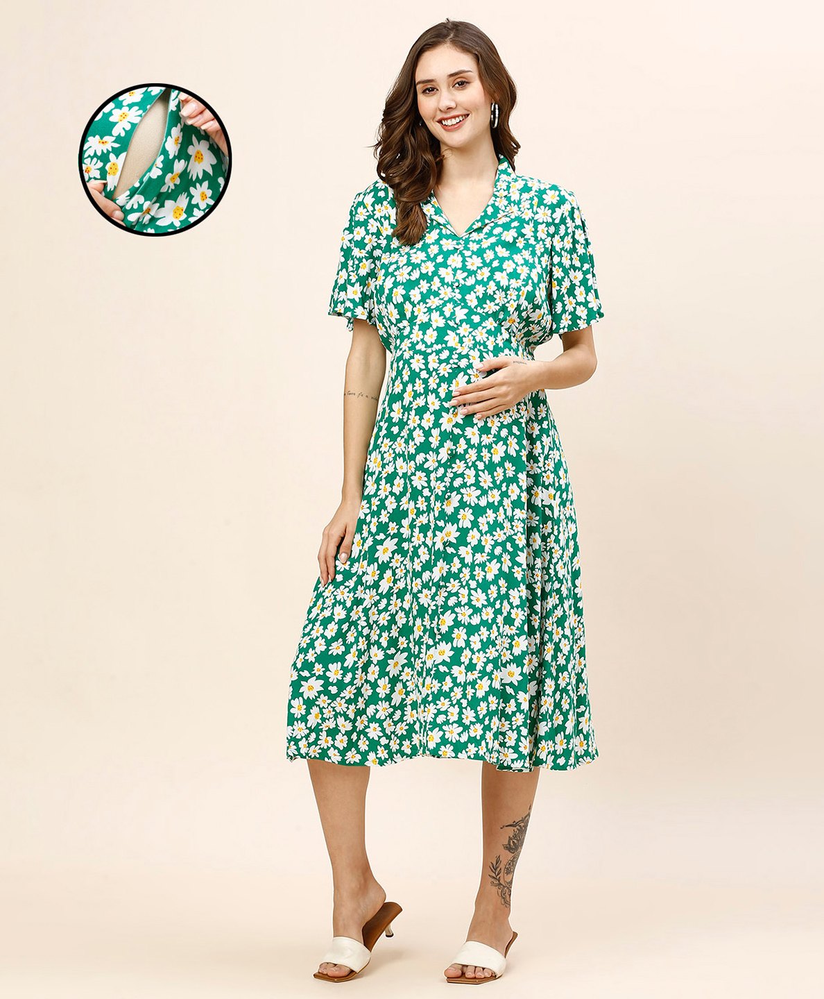 MomToBe Rayon Half Bell Sleeves Floral Printed Maternity Dress With Nursing Access - Green-picture-25