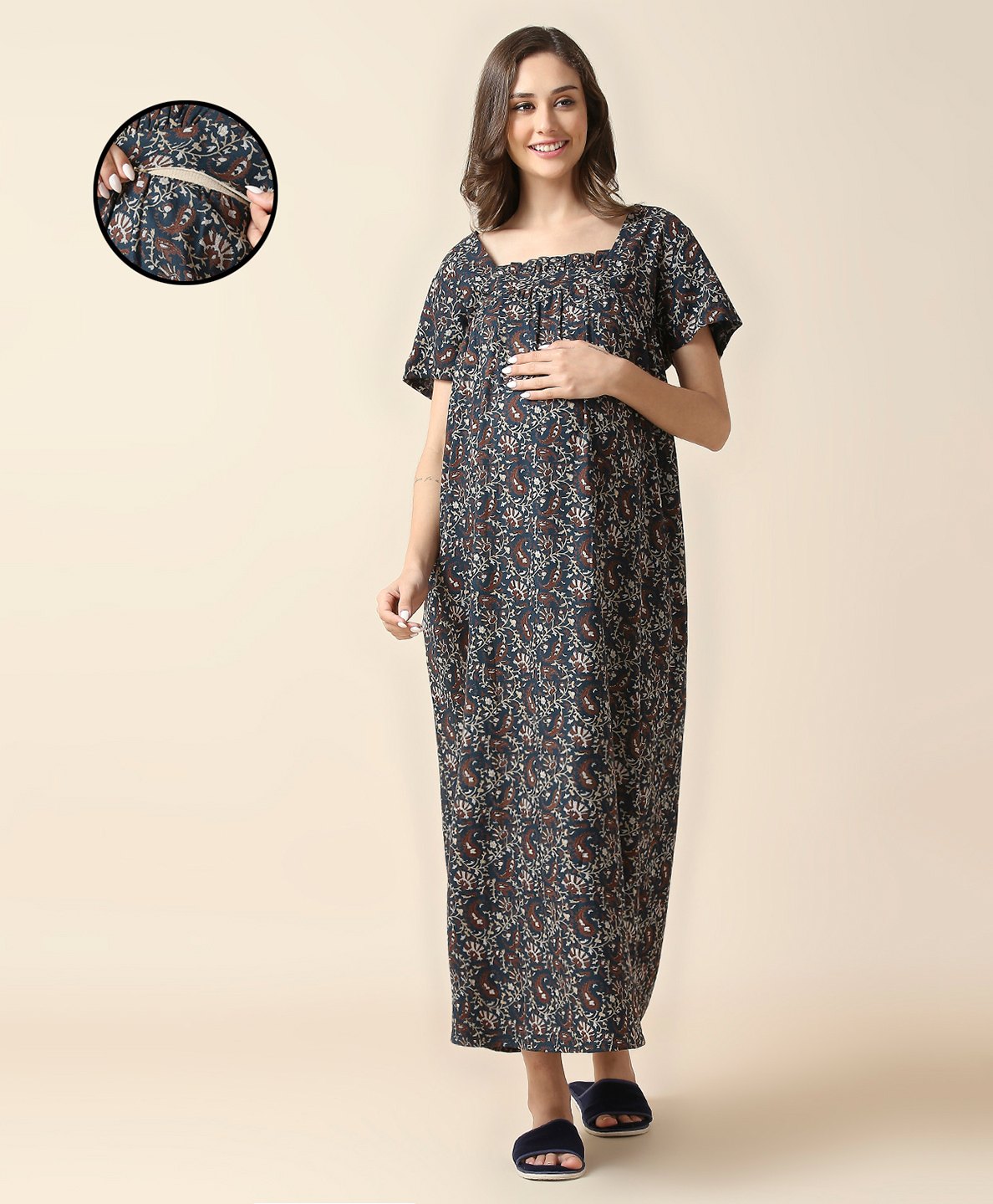 MomToBe Cotton Half Sleeves Floral Printed Nighty With Nursing Access - Teal Green-image-4