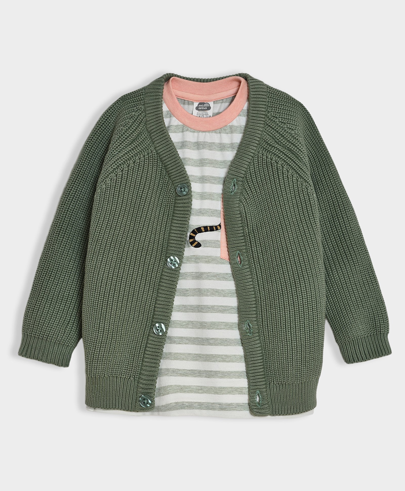 Mi Arcus 100% Cotton Full Sleeves Striped & Cat Printed Tee & Solid Cardigan Set - Green-image-2