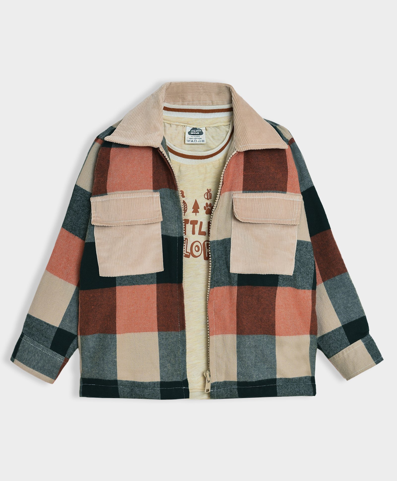 Mi Arcus 100% Cotton Full Sleeves Checked Jacket With Little Explorer Text Printed Tee Set - Multi Colour-picture-18