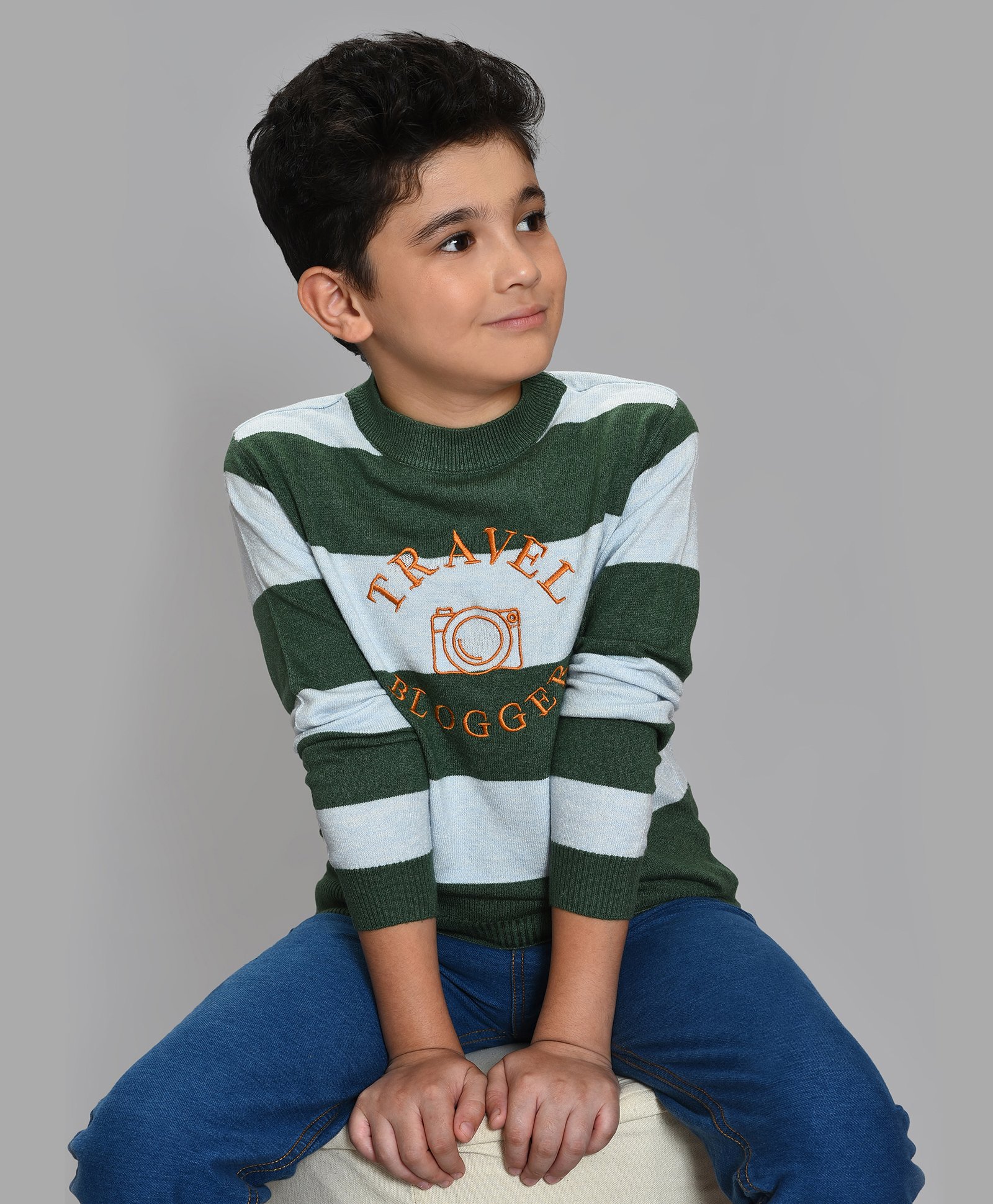 Mi Arcus Full Sleeves Travel Blogger Text Detailed Striped Sweater - Green & Blue-picture-28