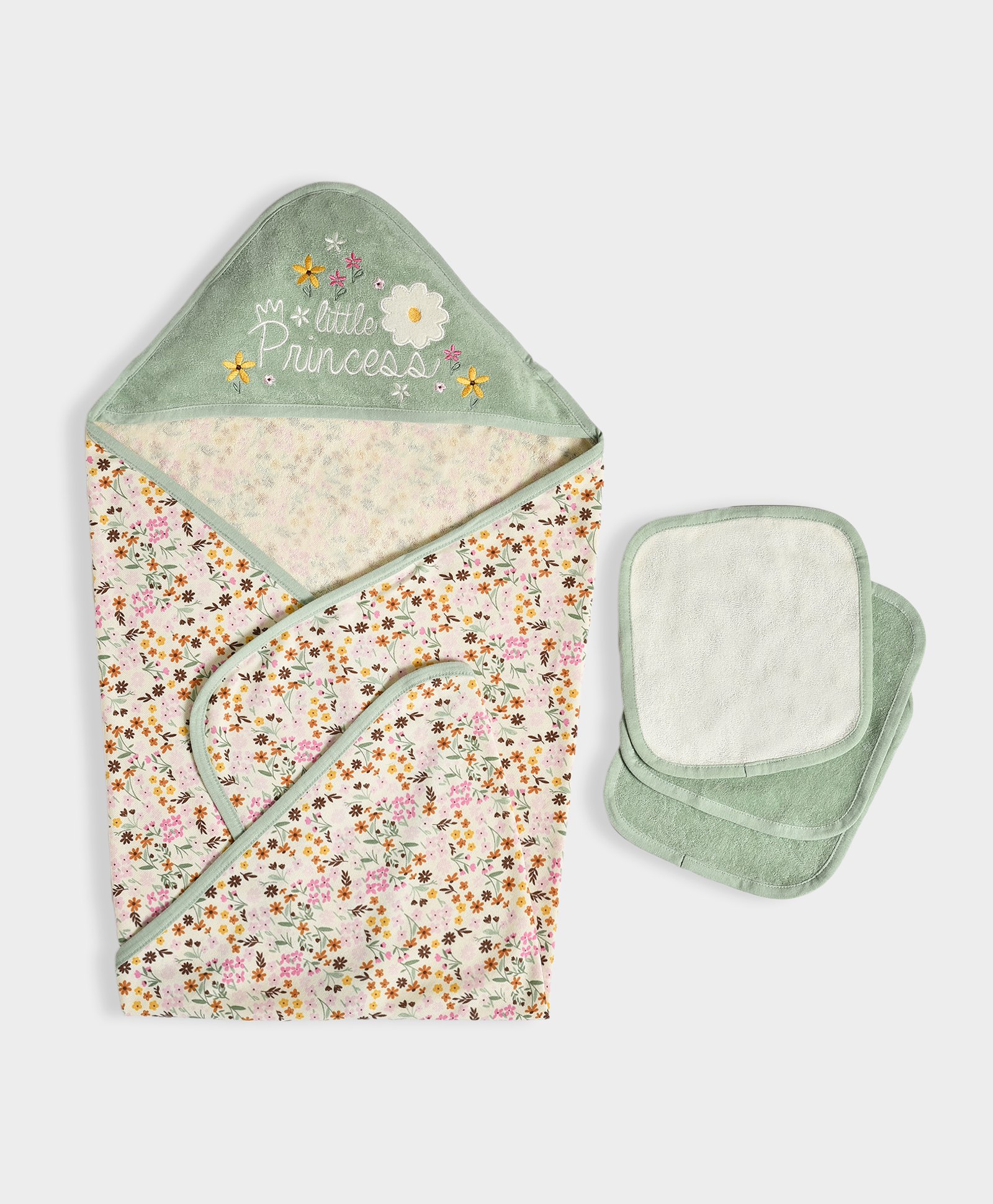 Mi Arcus Floral Printed Bath Towel & Wash Clothes - Aqua Green-image-2