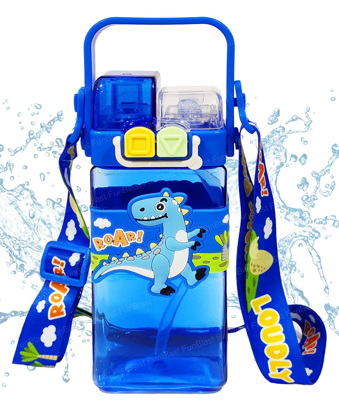 Bunie Dinosaur Theme Water Bottle with Dual Cap, Straw, Strap & Carry Handle - Blue-image-20