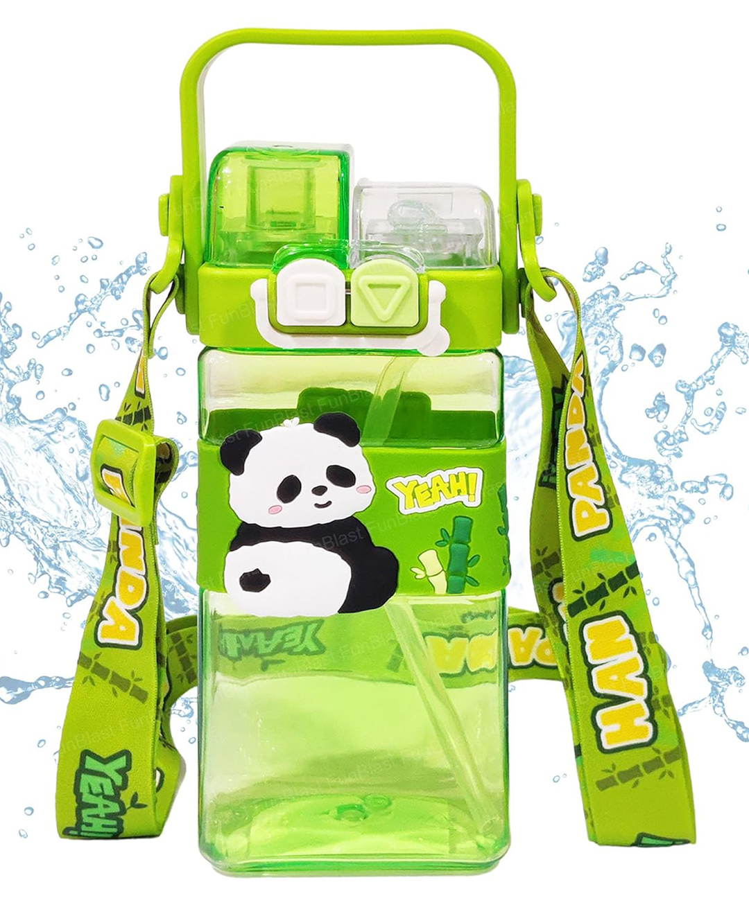 Bunie Panda Theme Water Bottle with Dual Cap, Straw, Strap & Carry Handle - Green-image-13