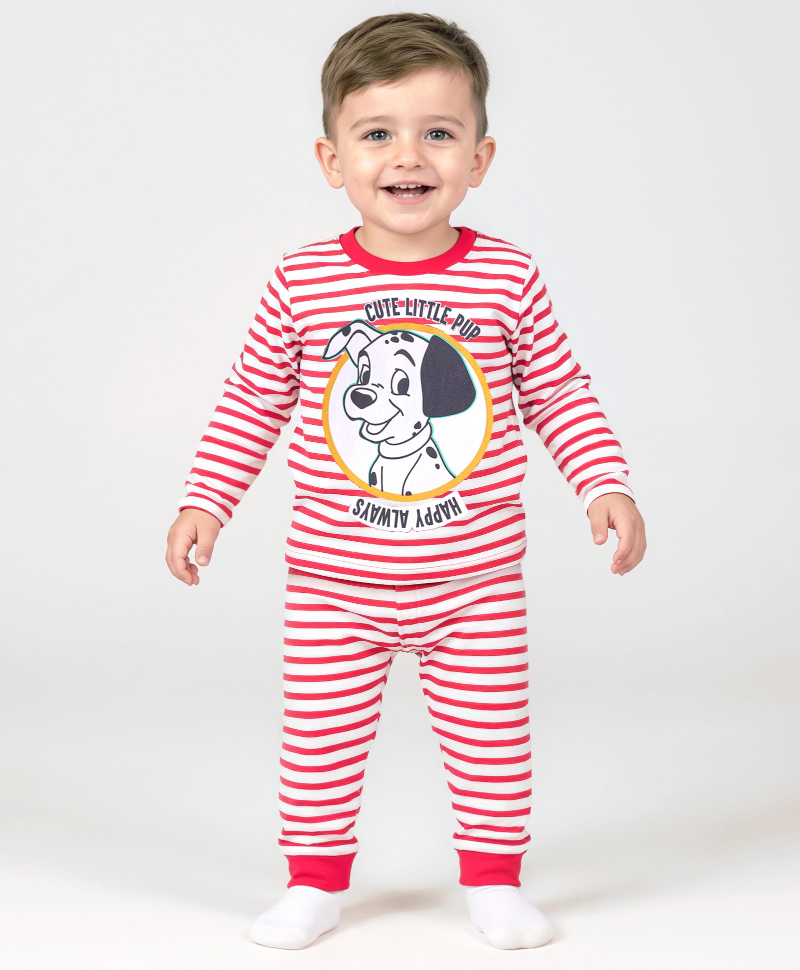 Babyhug Disney Single Jersey Knit Full Sleeves Night Suit with Stripes & 101 Dalmatian Graphics- Red & White-image-44