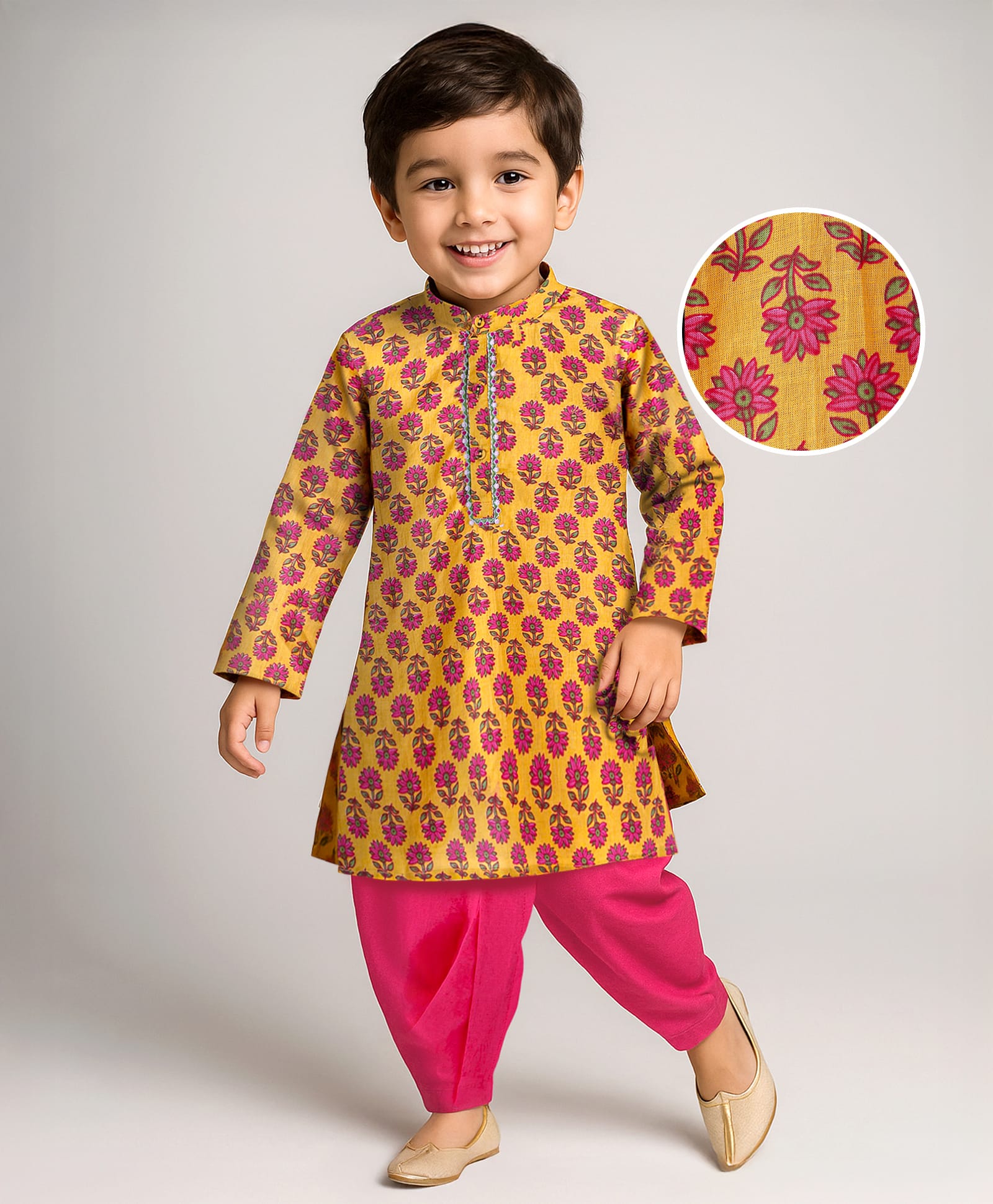 Babyhug Cotton Woven Cambric Full Sleeves Floral Printed Dhoti Kurta Set - Yellow-picture-35
