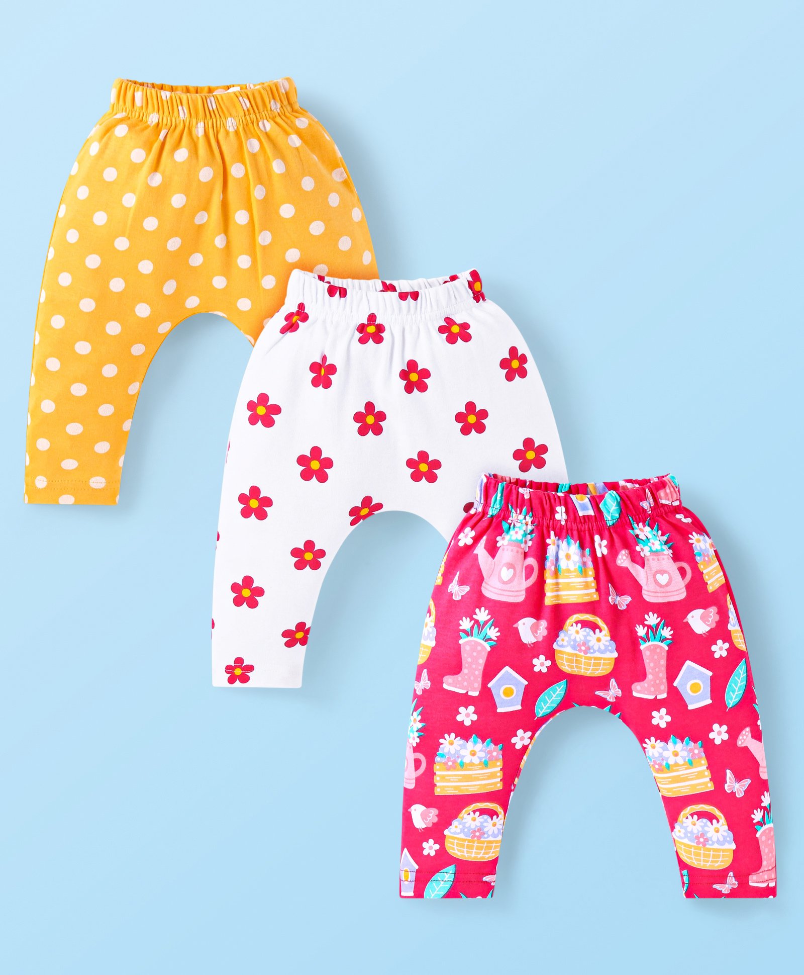 Babyhug Interlock Knit Full Length Diaper Leggings with Polka Dots & Floral Print Pack of 3 - White Yellow & Pink
