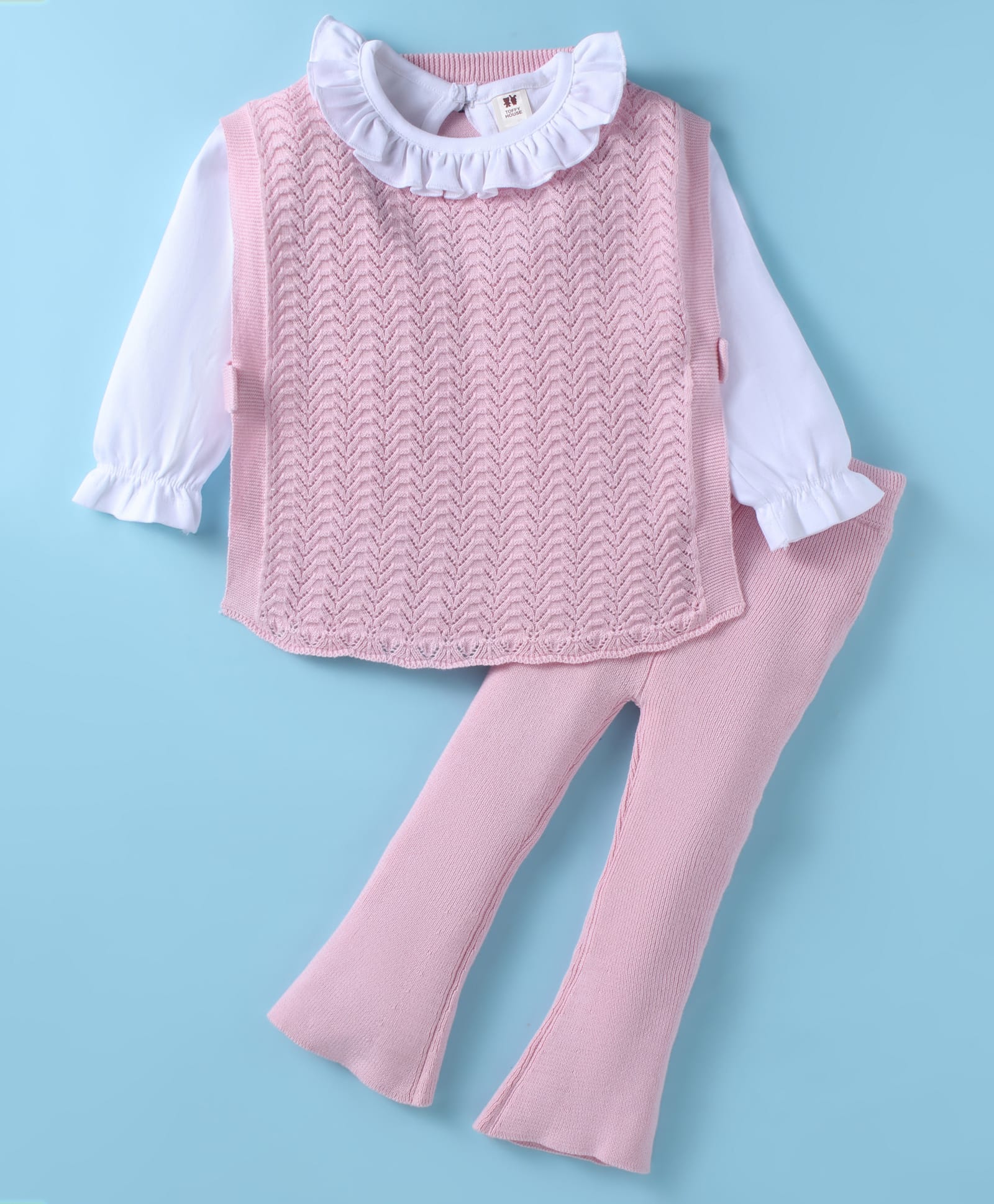 ToffyHouse Knitted Full Sleeves Winter Wear Frilly Neckline T-Shirt with Designer Sweater & FlairedTrouser - Pink-image-45