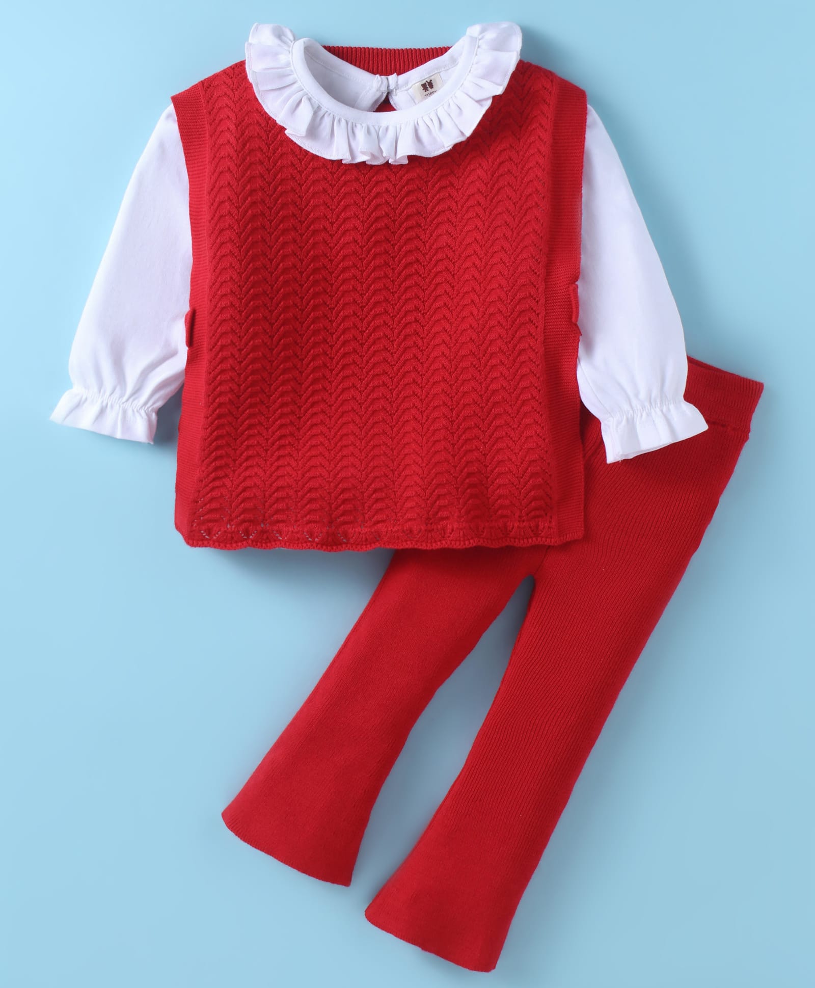 ToffyHouse Knitted Full Sleeves Winter Wear Frilly Neckline T-Shirt with Designer Sweater & FlairedTrouser - Red-image-45