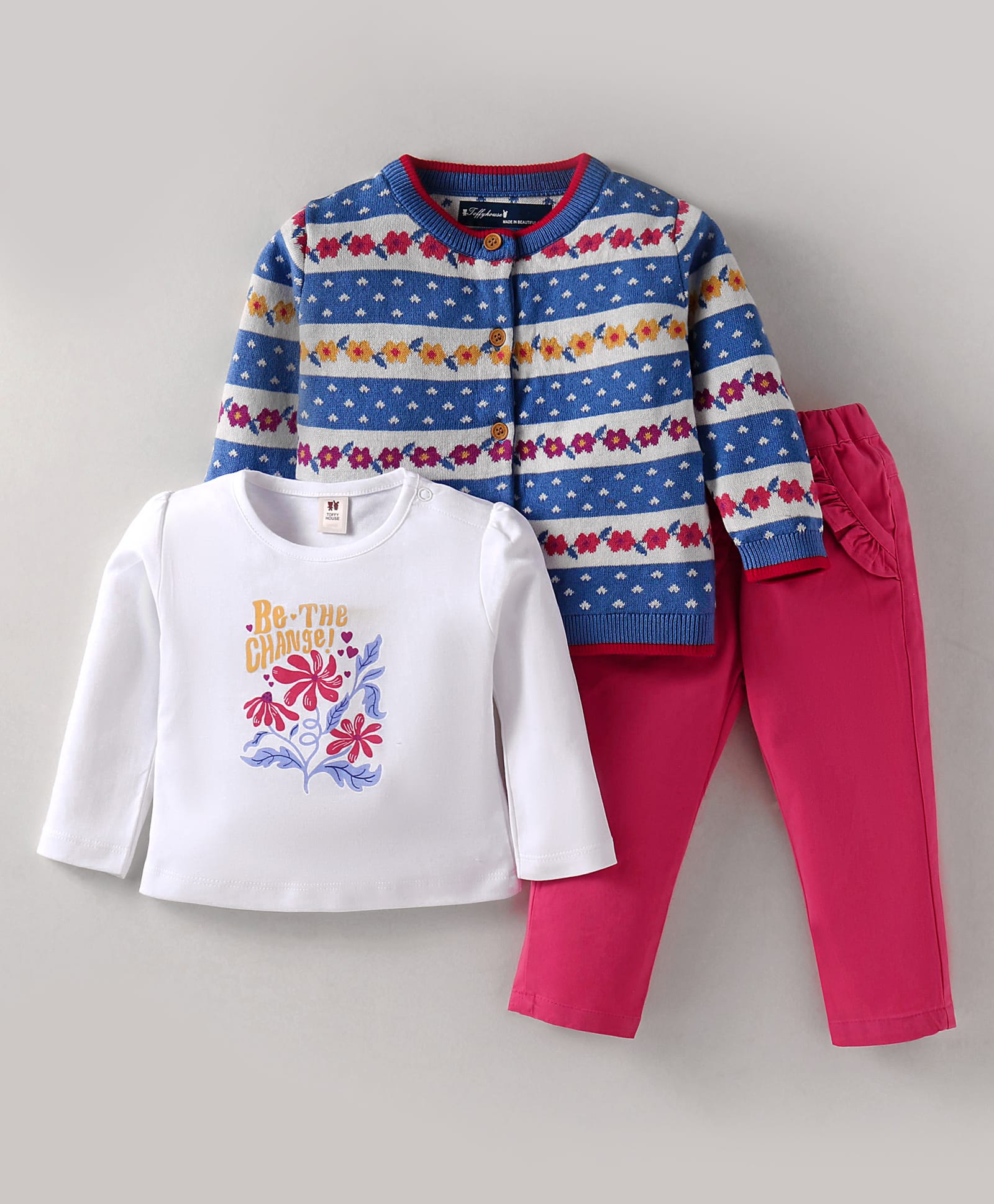 ToffyHouse Cotton Knitted Full Sleeves Winter Wear Floral Design Sweater Cardigan and T-Shirt with Solid Joggers Set -Red Blue & White-image-15