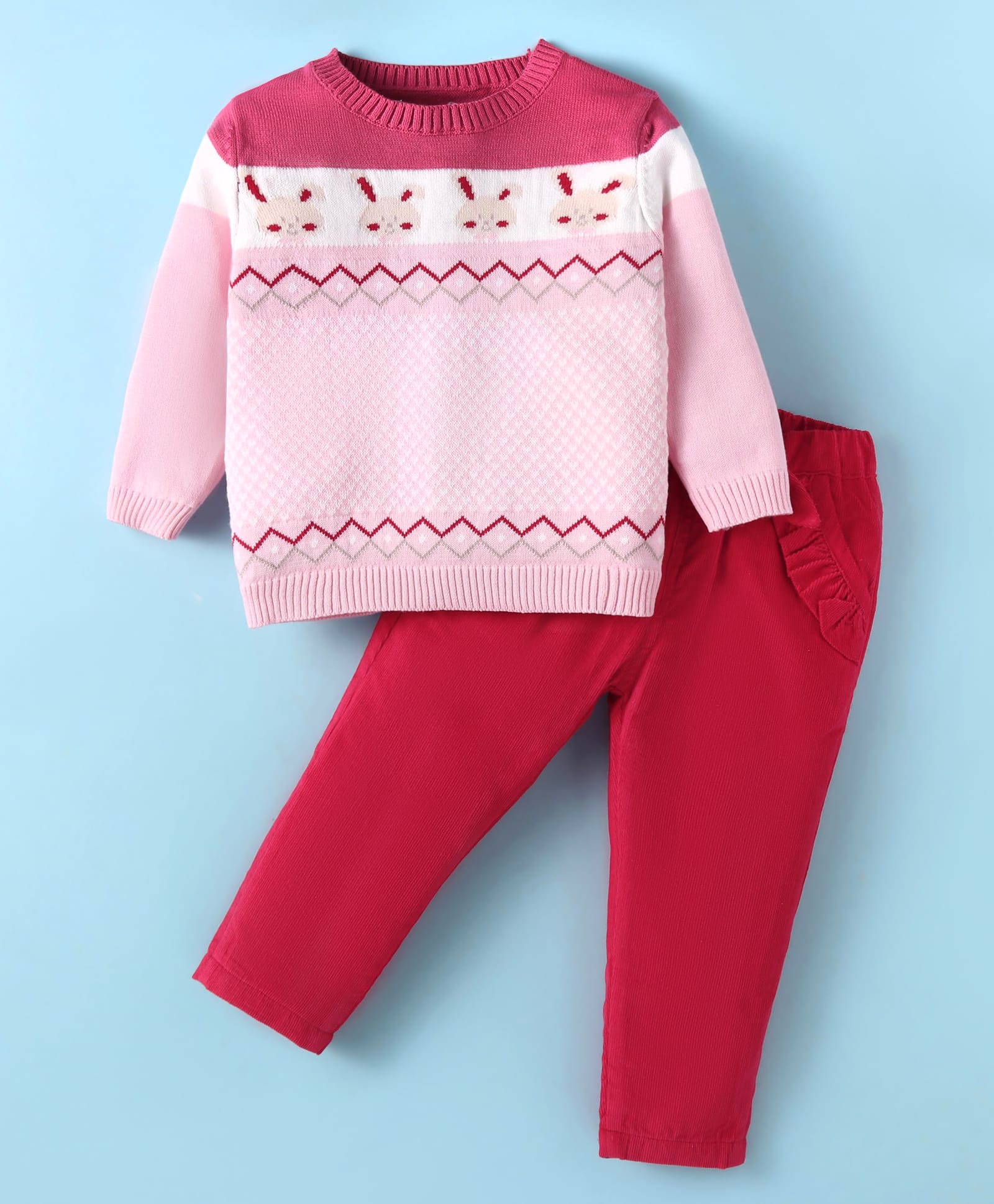ToffyHouse Knitted Full Sleeves Bunny Designed Winter Wear Sweater T-Shirt & Corduory Joggers Set - Dark Pink-image-41