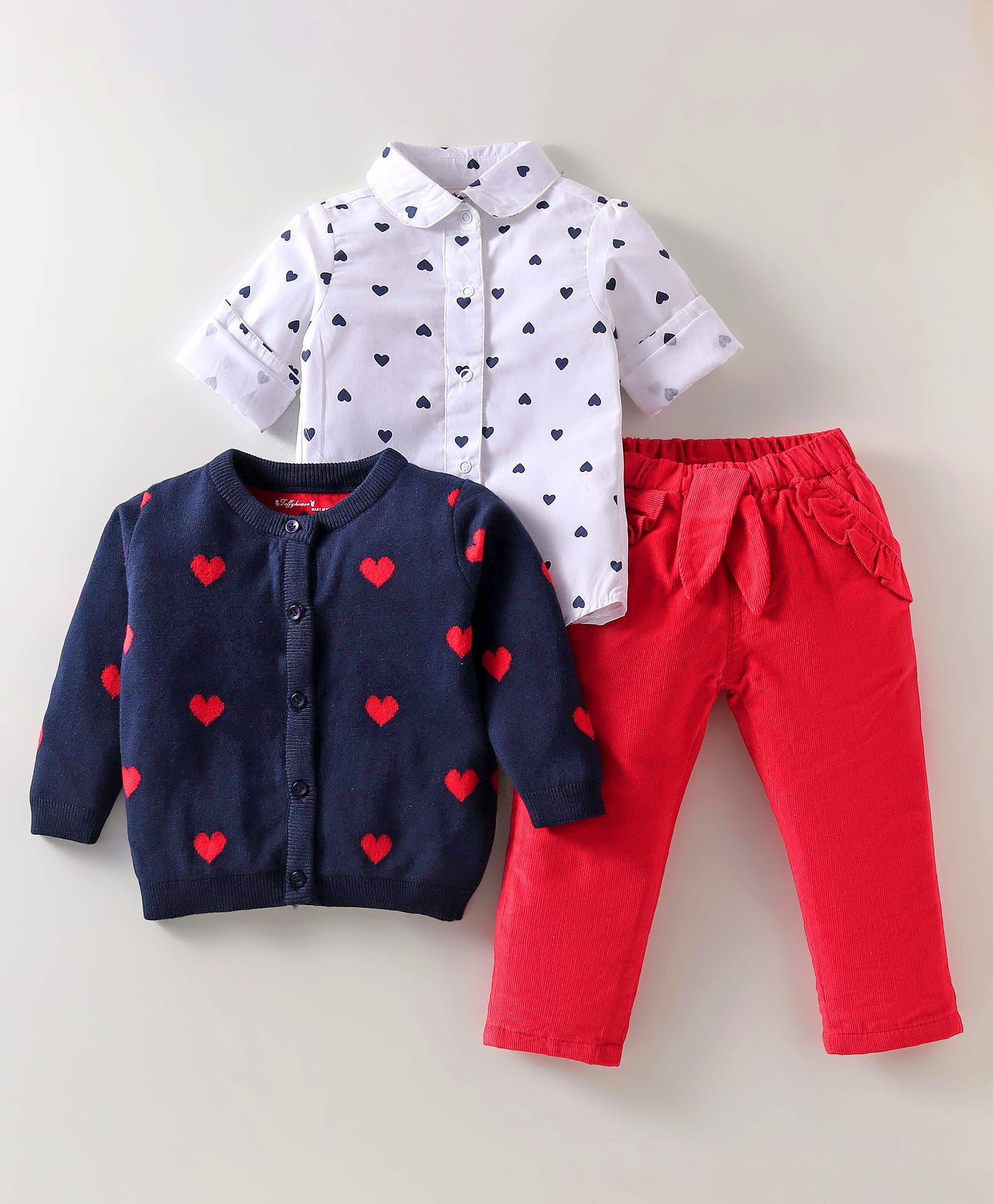 ToffyHouse Knitted Full Sleeves Winter Wear Heart Print Sweater Cardigan & Shirt with Solid Lounge Pant Set - Navy Blue Red White-image-30