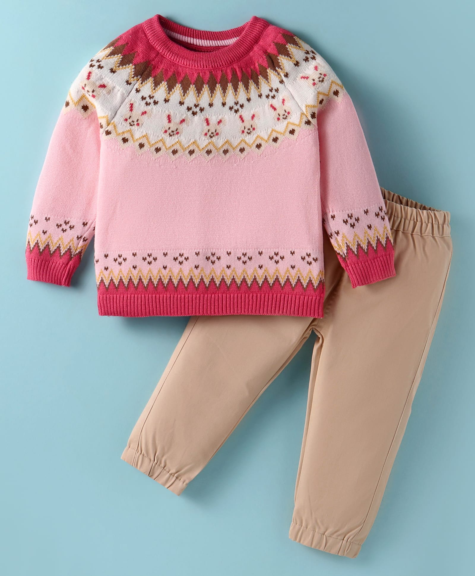 ToffyHouse Knit Full Sleeves Winter Wear T-Shirt & Lounge Pant Set With Aztec & Bunny Design - Pink-picture-26