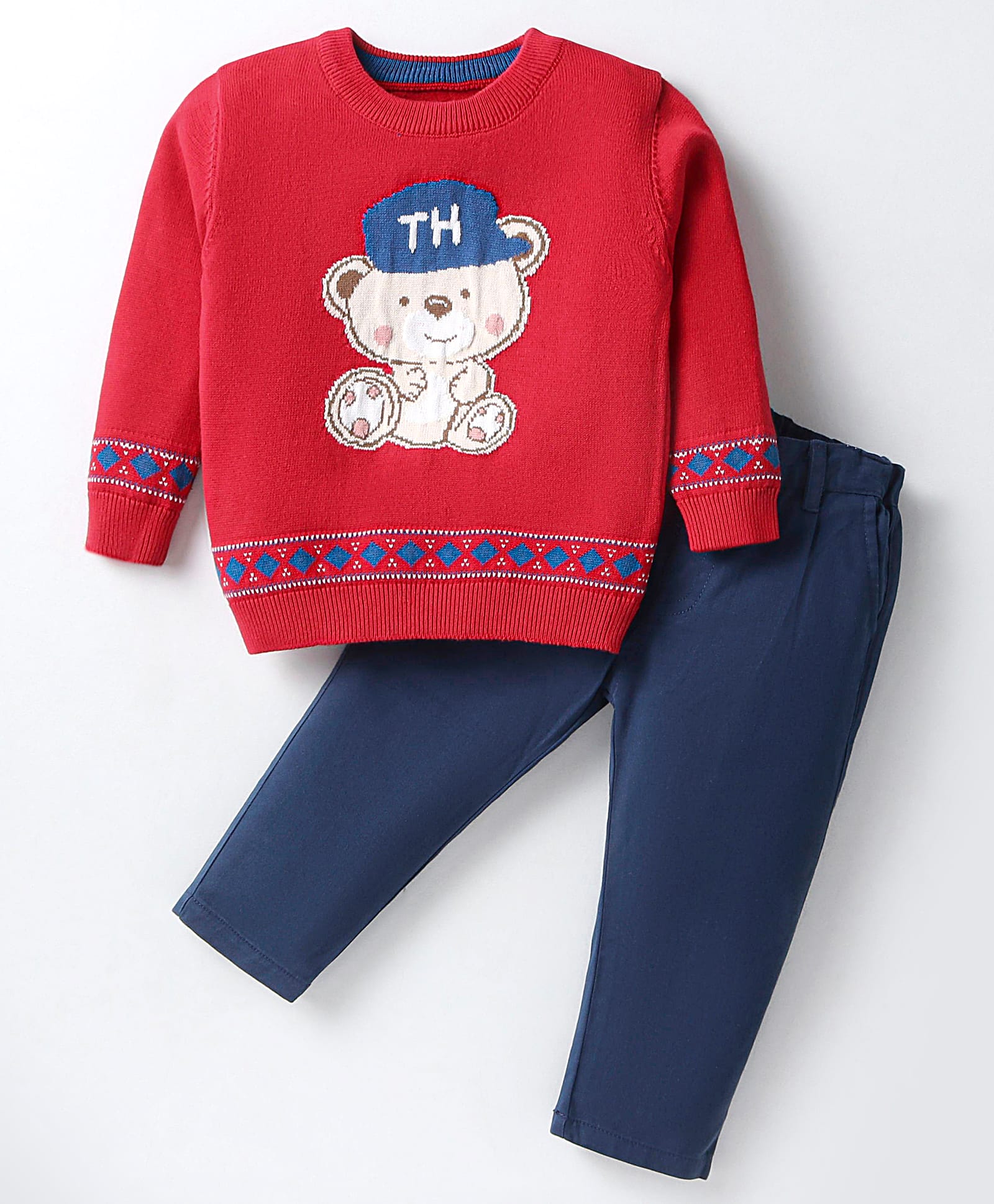 ToffyHouse Knitted Full Sleeves Winter Wear Suits with Bear Design - Red & Navy-image-43