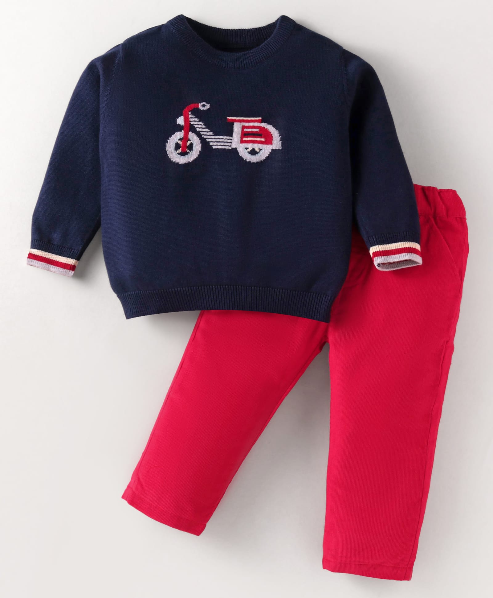ToffyHouse Cotton Knit Winter Wear Full Sleeves Sweatshirt with Vehicle Design & Solid Color Joggers Set - Navy Blue & Red-picture-6