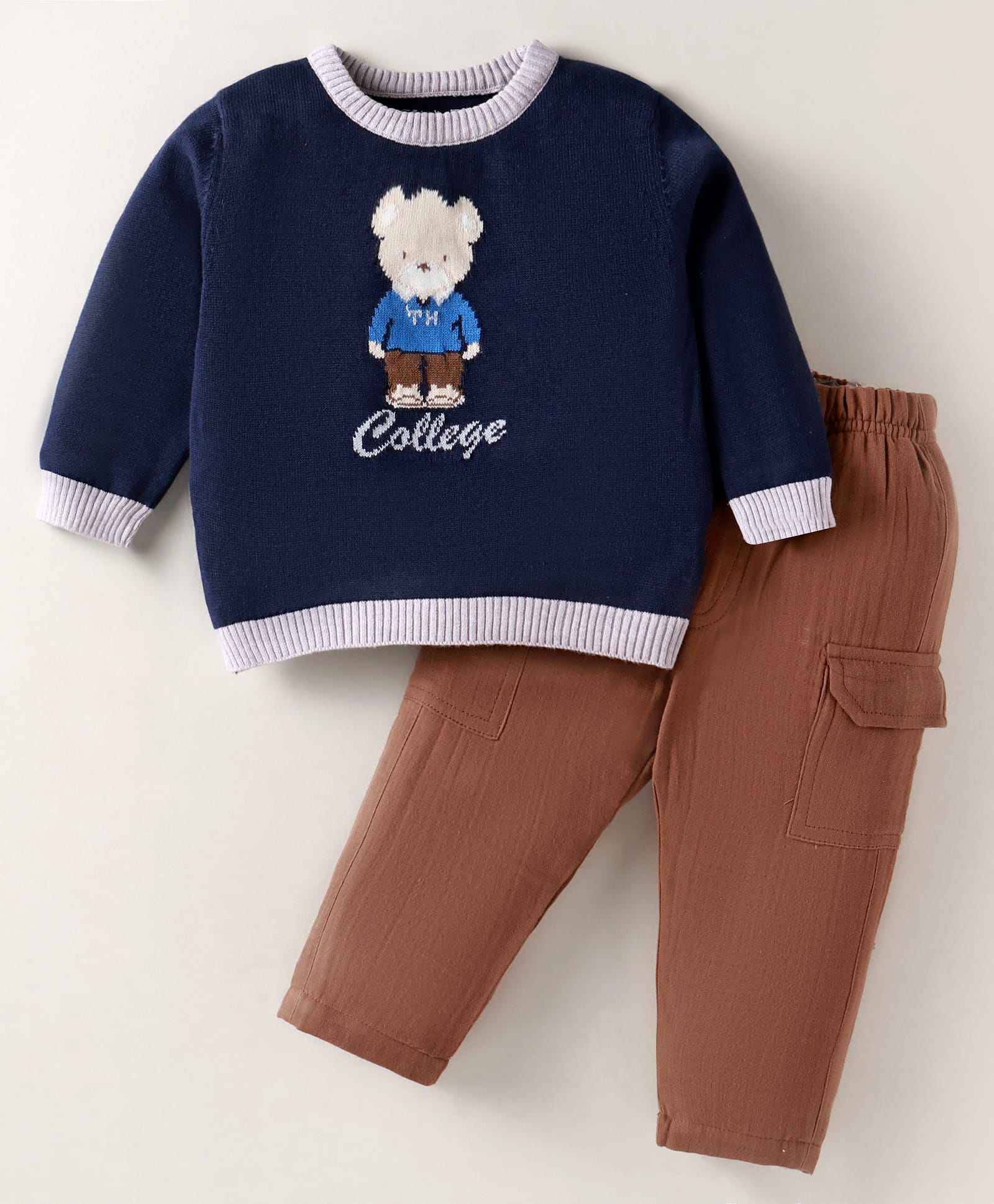 ToffyHouse Knit Full Sleeves Winter Wear T-Shirt & Lounge Pant Set With Animal Design - Navy Blue & Brown-picture-19