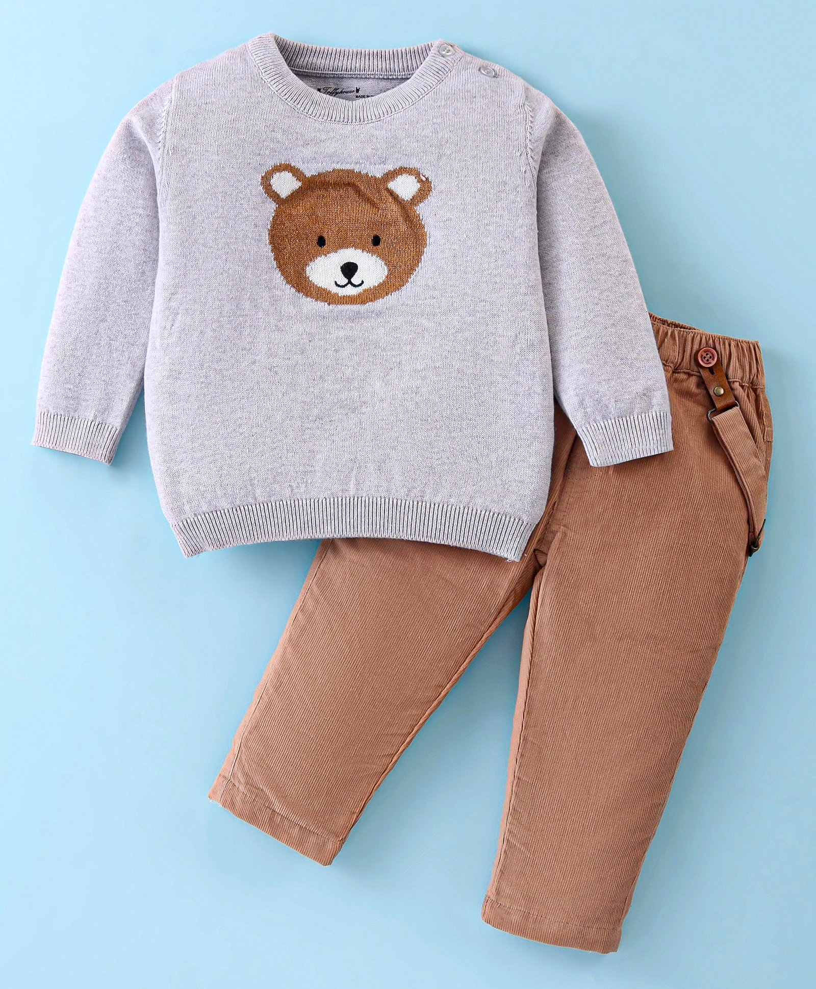 ToffyHouse Cotton Knitted Full Sleeves Sweater Top & Corduroy Pants With Suspender & Teddy Design - Light Grey & Brown-image-38