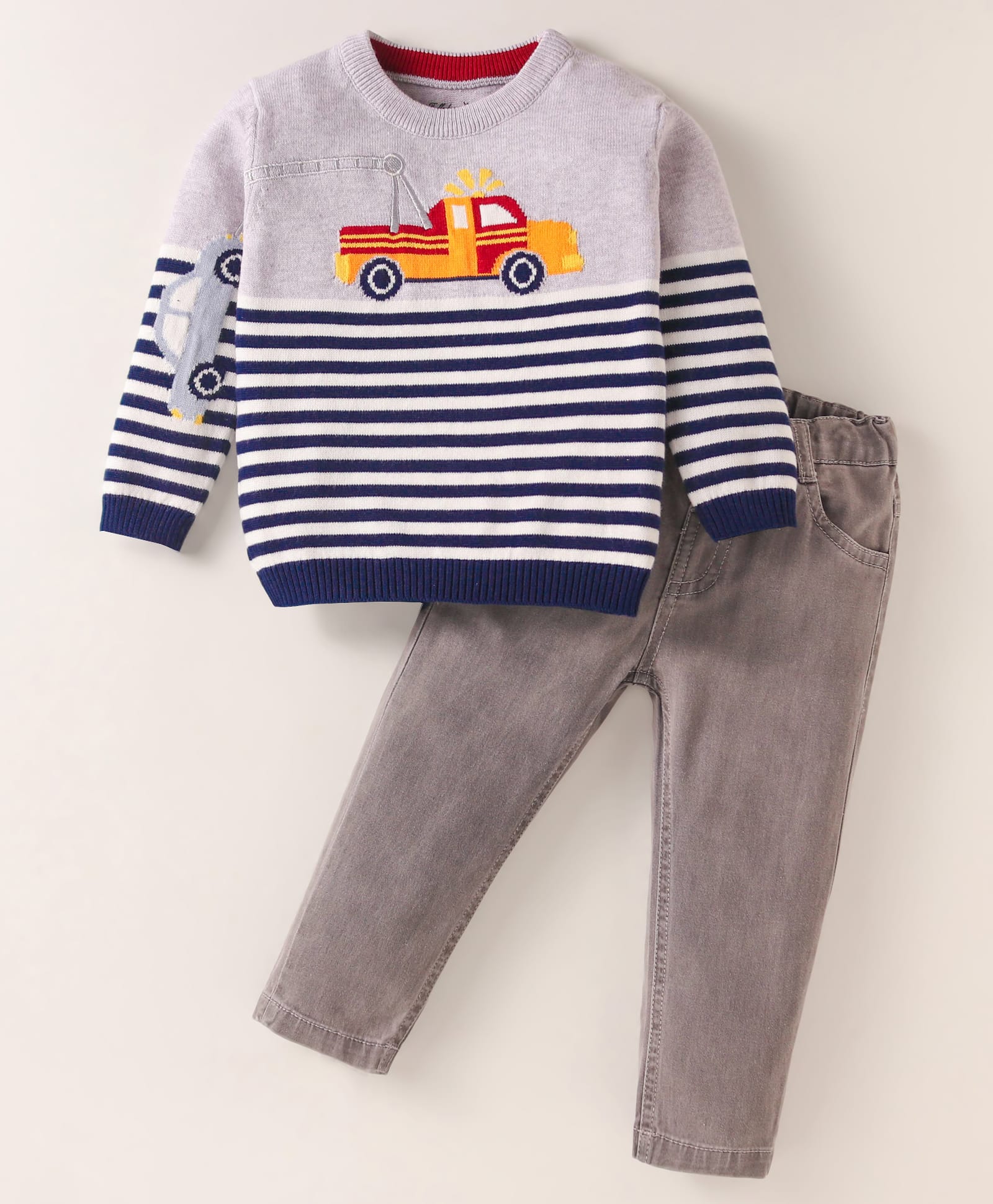 ToffyHouse Knit Full Sleeves Winter Wear T-Shirt & Lounge Pant Set With Vehicle Print - Light Grey-image-15