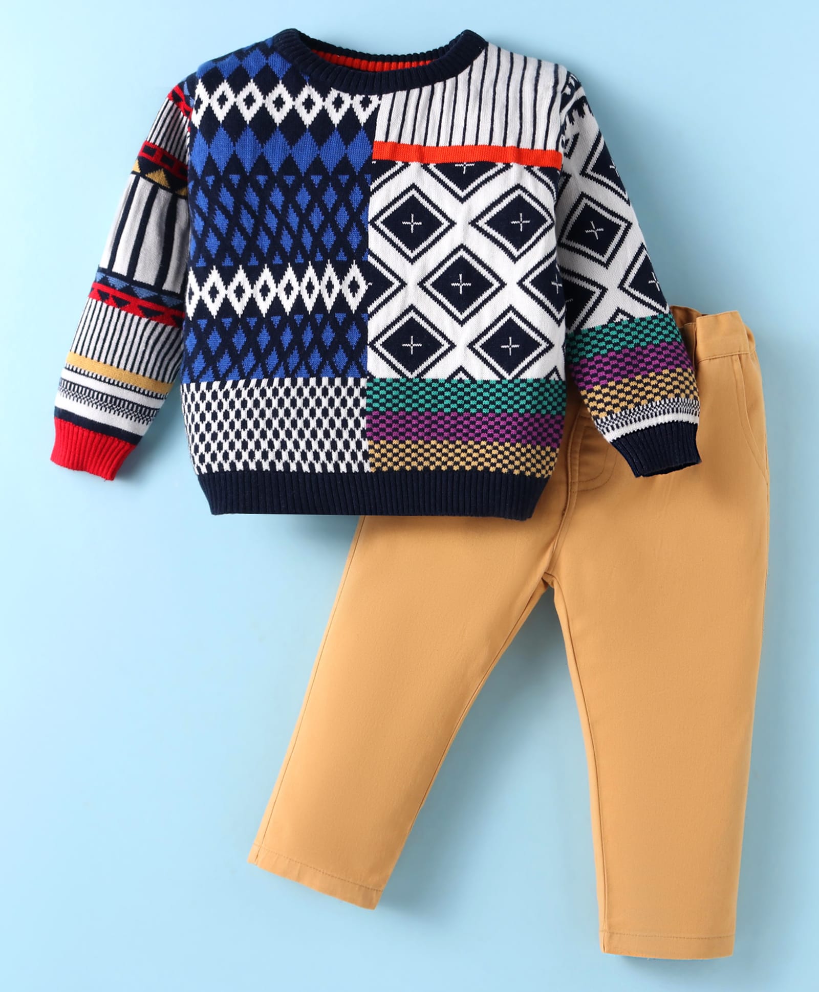 ToffyHouse Knit Full Sleeves Winter Wear Set With Chevron Design - Navy Blue-image-36