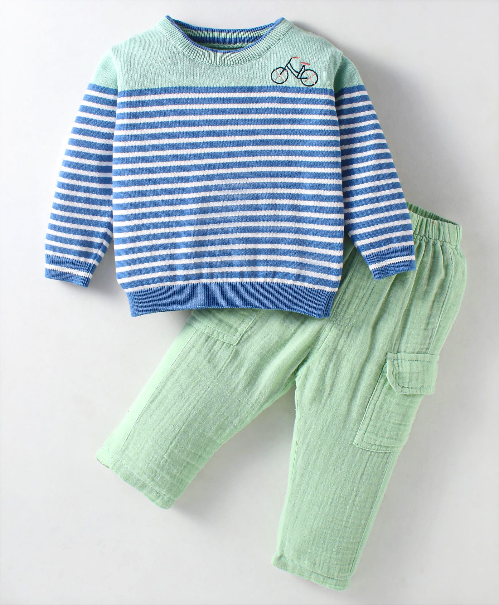 ToffyHouse Cotton Knit Full Sleeves Winter Wear Striped T-Shirt & Lounge Pant Set With Bicycle Embroidery - Sea Green & Blue-image-41