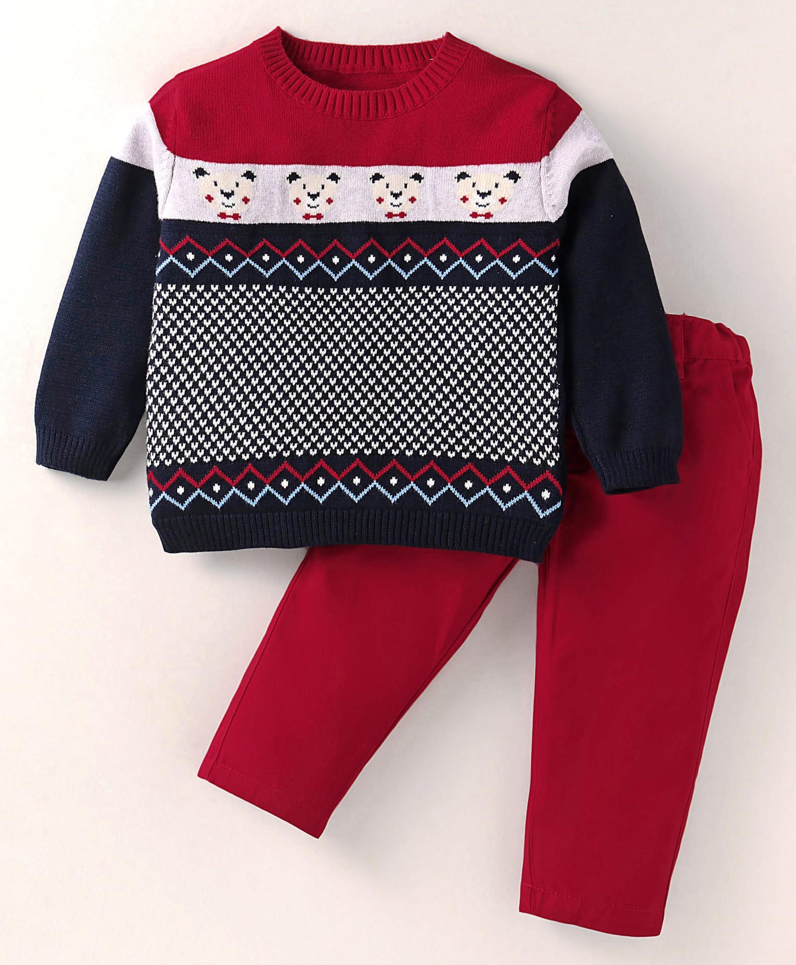 ToffyHouse Cotton Knit Winter Wear Full Sleeves Sweatshirt with Bear Design & Solid Color Joggers Set - Navy Blue & Maroon-image-24