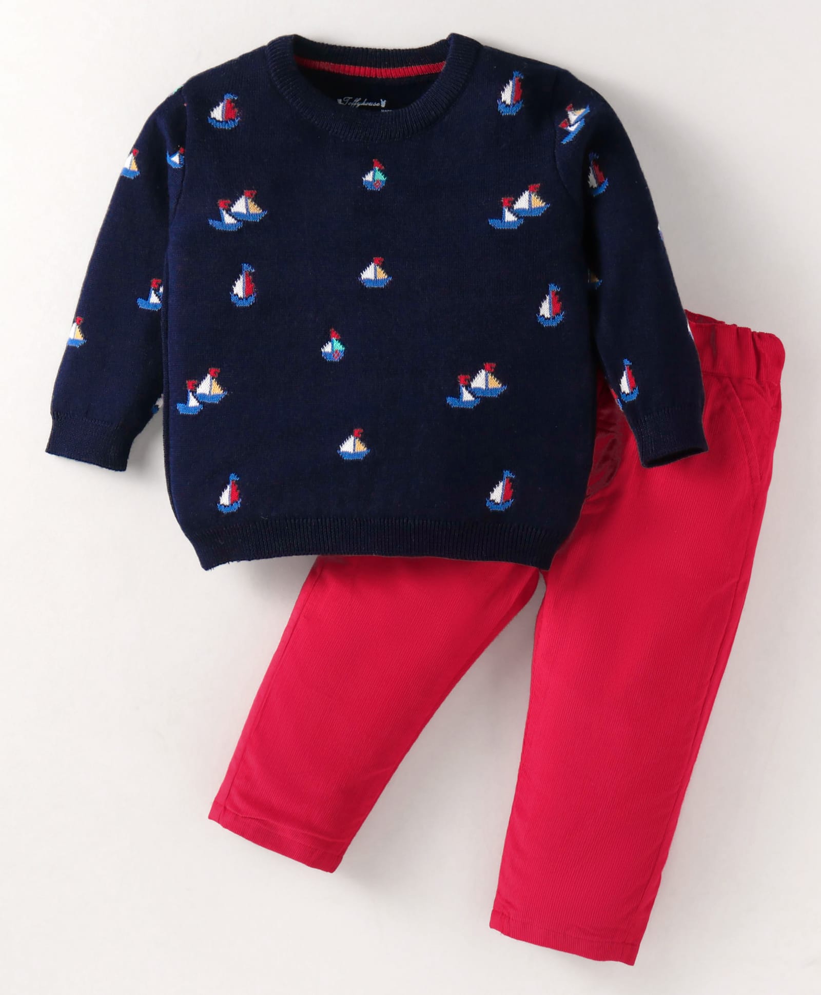 ToffyHouse Cotton Knit Winter Wear Suits Full Sleeves Boat Design Sweatshirt & Solid Color Joggers Set - Navy Blue & Red-image-1
