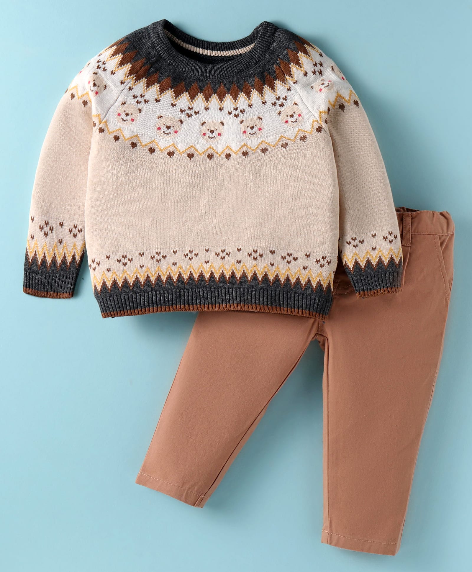 ToffyHouse Knit Full Sleeves Winter Wear T-Shirt & Lounge Pant Set With Animal Design - Beige & Brown-picture-23