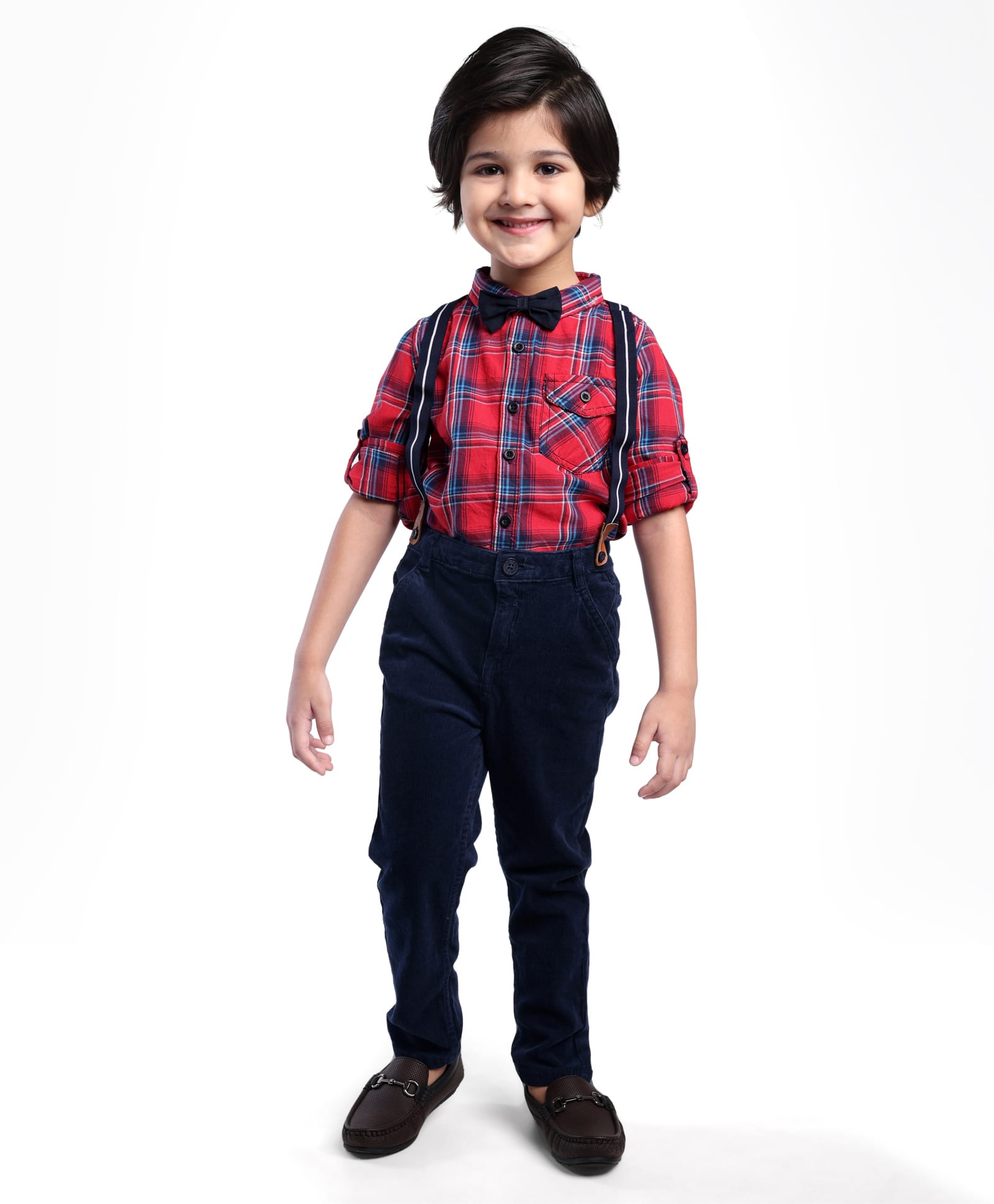 Babyhug Cotton Woven Full Sleeves Checkered Shirt with Jeans Bow & Suspender - Red & Blue-image-10