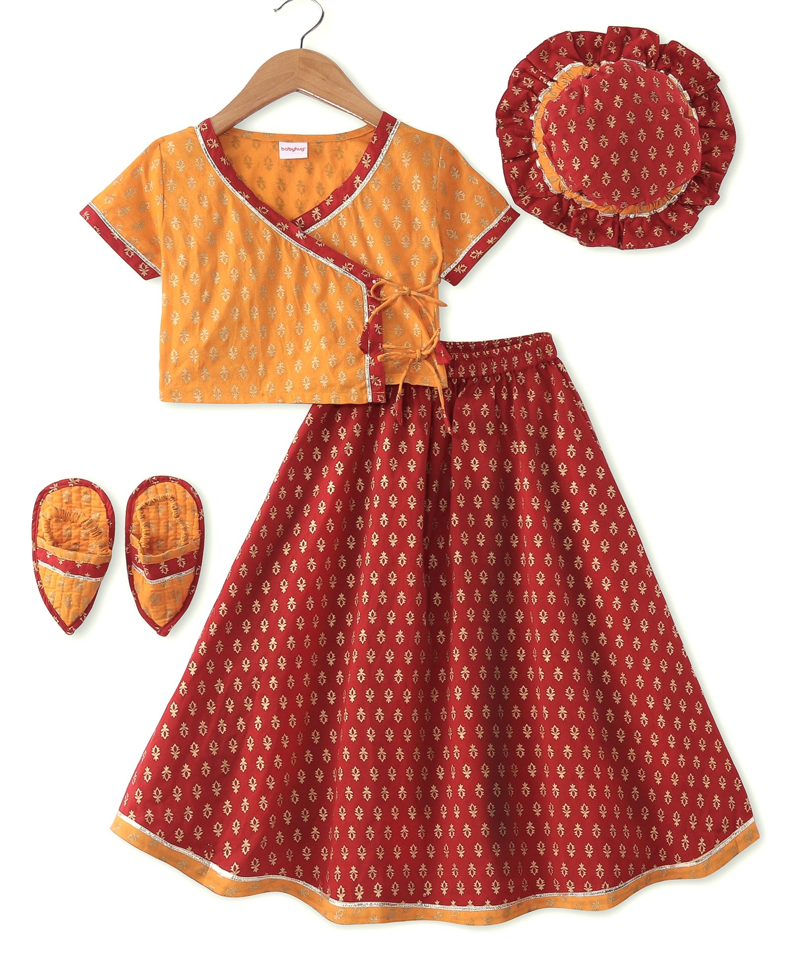 Babyhug Woven Half Sleeves Brocade Jamna Set with Pair of Booties &Paghdi - Mustard-image-35