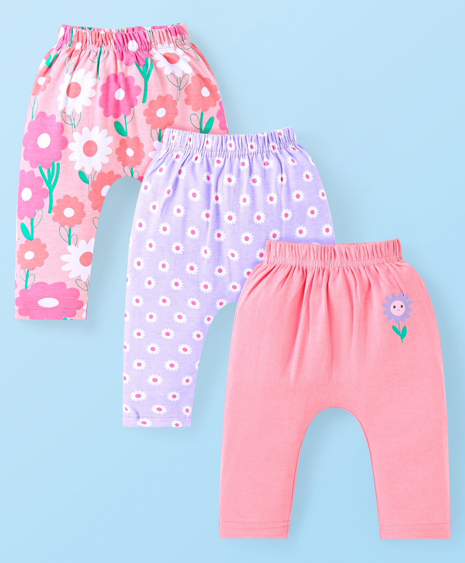 Babyhug Interlock Full Length Diaper Leggings With Floral Print Pack Of 3 - Pink & Lavender