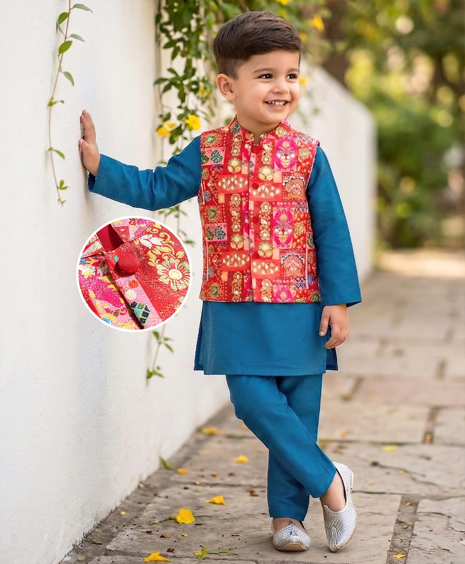 Babyhug Woven Full Sleeves Solid Kurta Pyjama Set with Foil Printed Jacket - Blue-picture-13