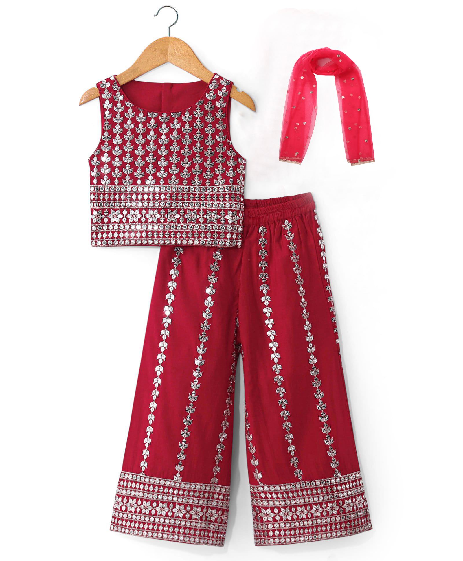 Babyhug Woven Sleeveless Floral Embroidered Top Palazzo Set with Dupatta - Red-image-23