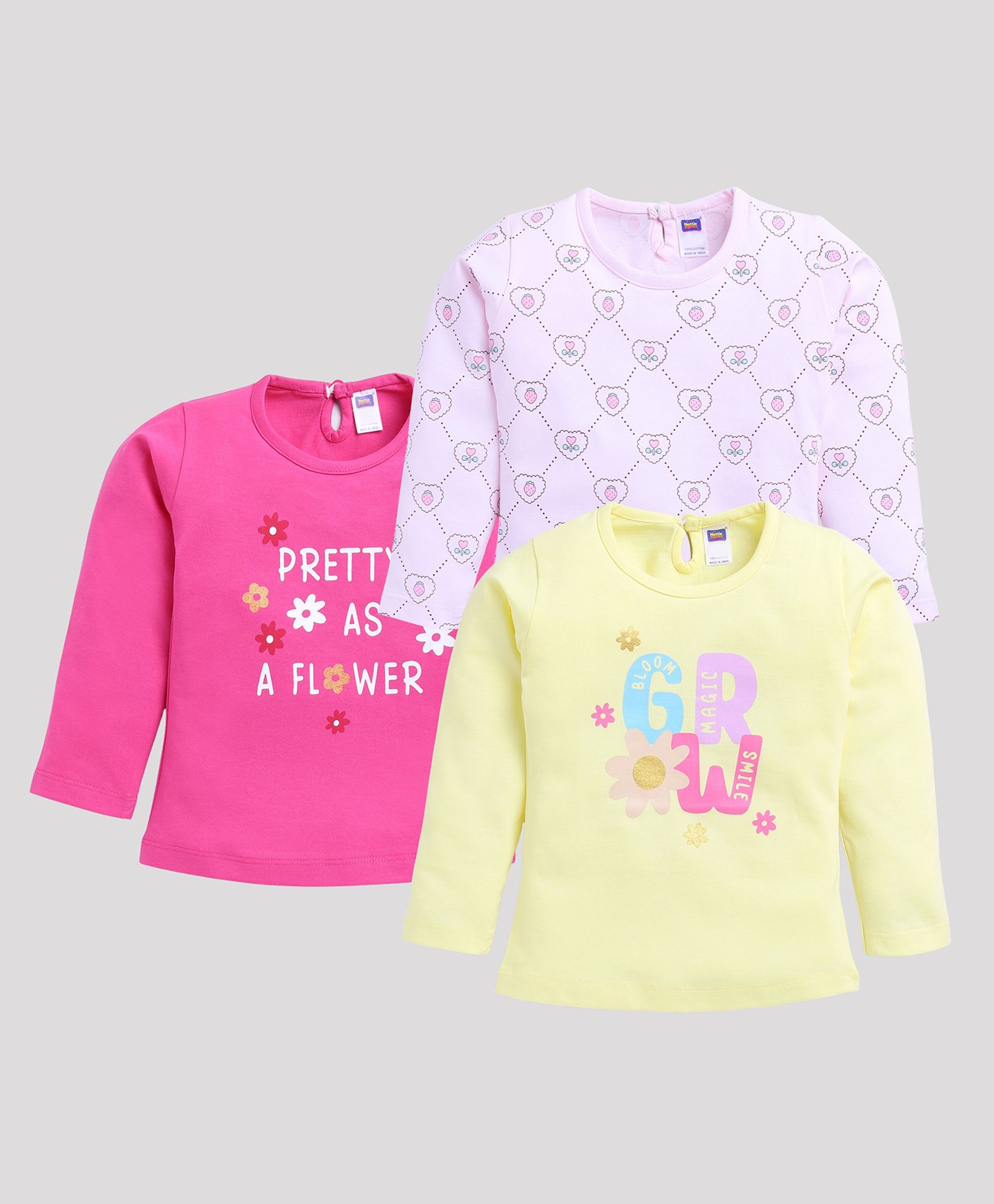 Nottie Planet Pack of 3 Cotton Jersey Full Sleeves Pretty As A Flower & G R W Text Printed Tees - Rani Pink & Yellow-picture-13