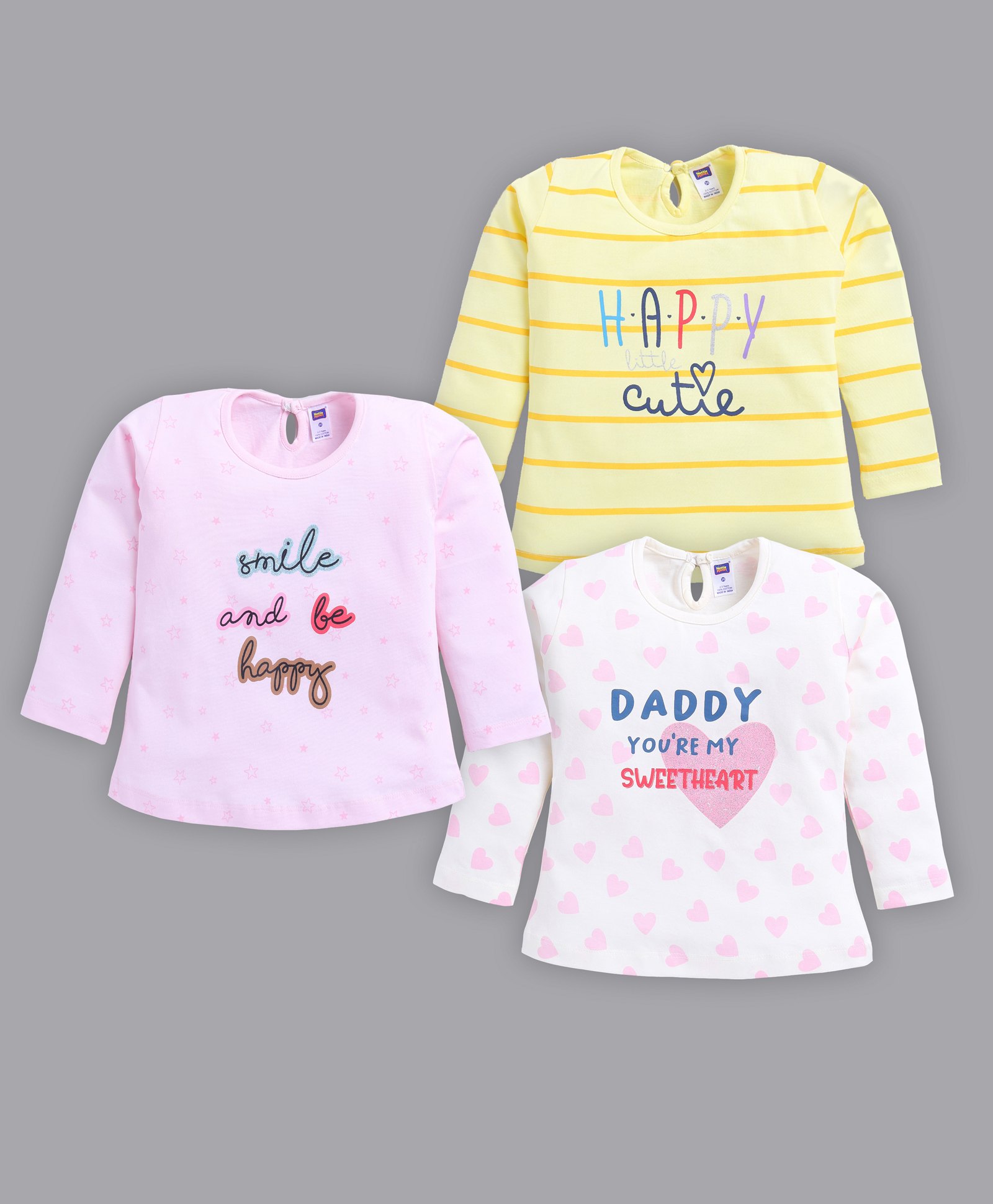 Nottie Planet Pack of 3 Cotton Jersey Full Sleeves Smile & Be Happy & Daddy Youre My Sweetheart Text Printed Tees - White Violet & Yellow-picture-10