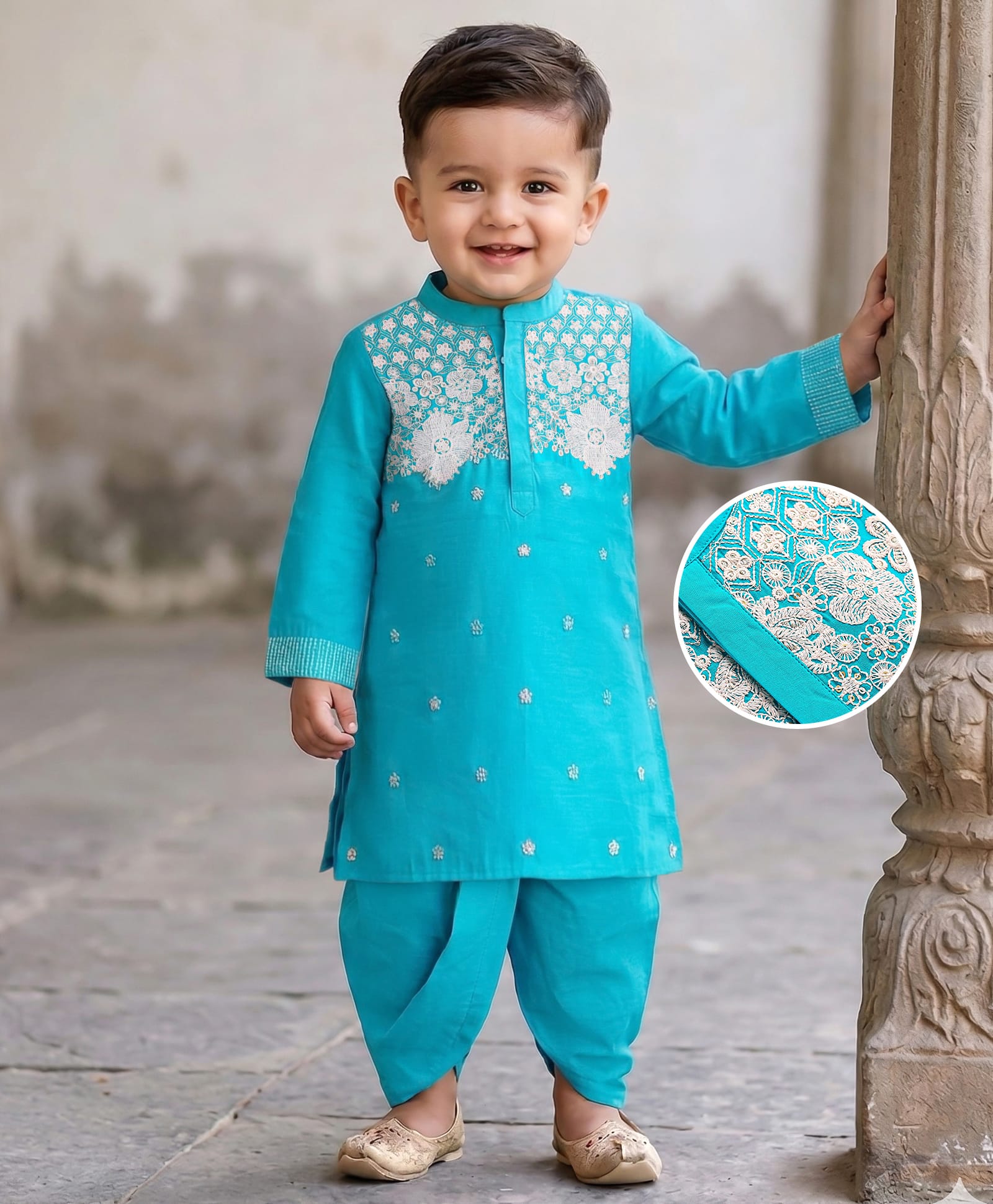 Babyhug Woven Full Sleeves FloralEmbroidered Kurta Dhoti Set -Light Blue-image-30