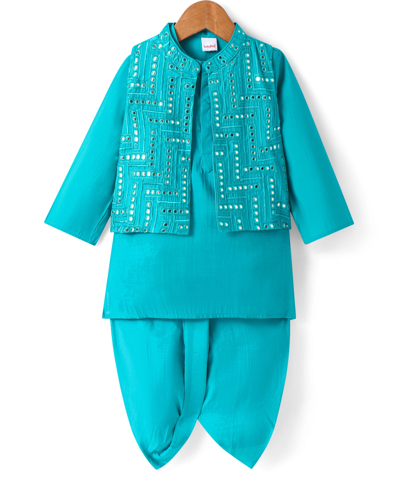 Babyhug Woven Full Sleeves Solid Colour Kurta Dhoti Set with Mirror Work EmbroideryNehru Jacket - Aqua Blue-image-38